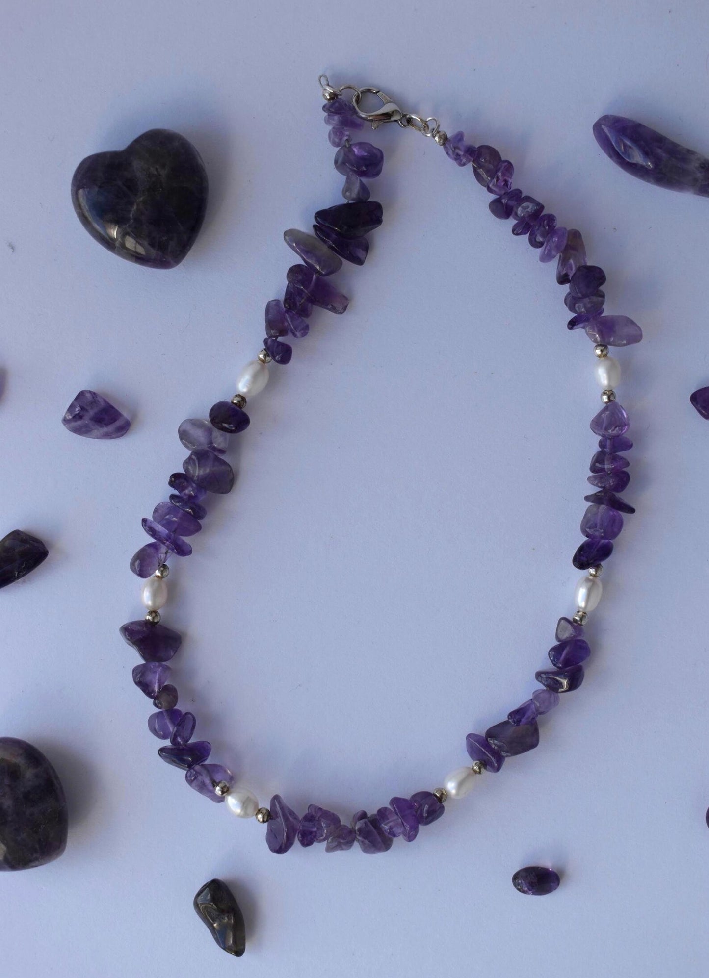 Amethyst Chip & Freshwater Pearl Sterling Silver Necklace - 15” Handmade Gemstone Jewellery