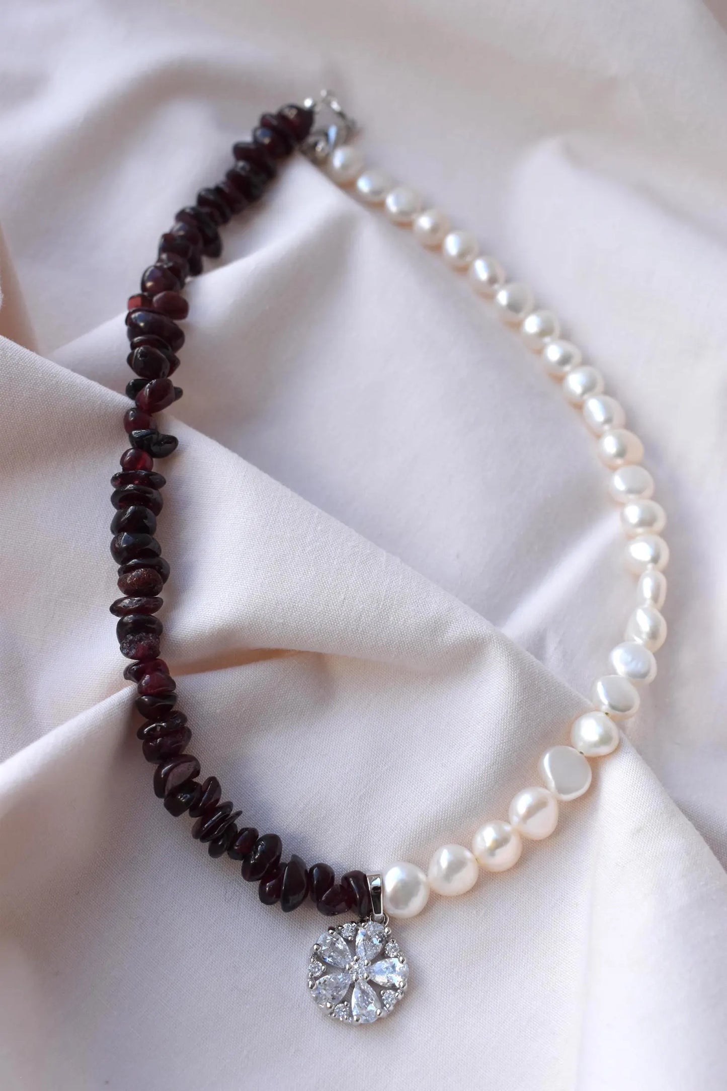 Garnet & Pearl Asymmetrical Sterling Silver Necklace with Cubic Zirconia Pendant