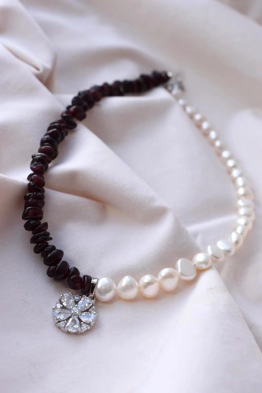 Garnet & Pearl Asymmetrical Sterling Silver Necklace with Cubic Zirconia Pendant