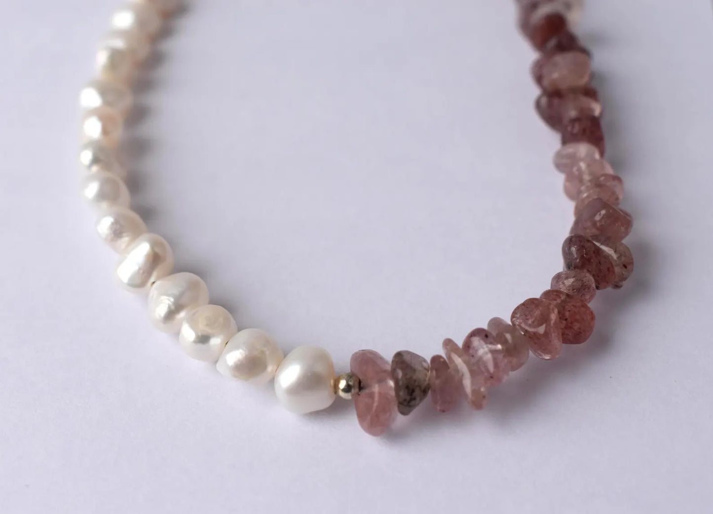 Strawberry Quartz & Freshwater Pearl Sterling Silver Necklace - 15” Handmade Gemstone Jewellery