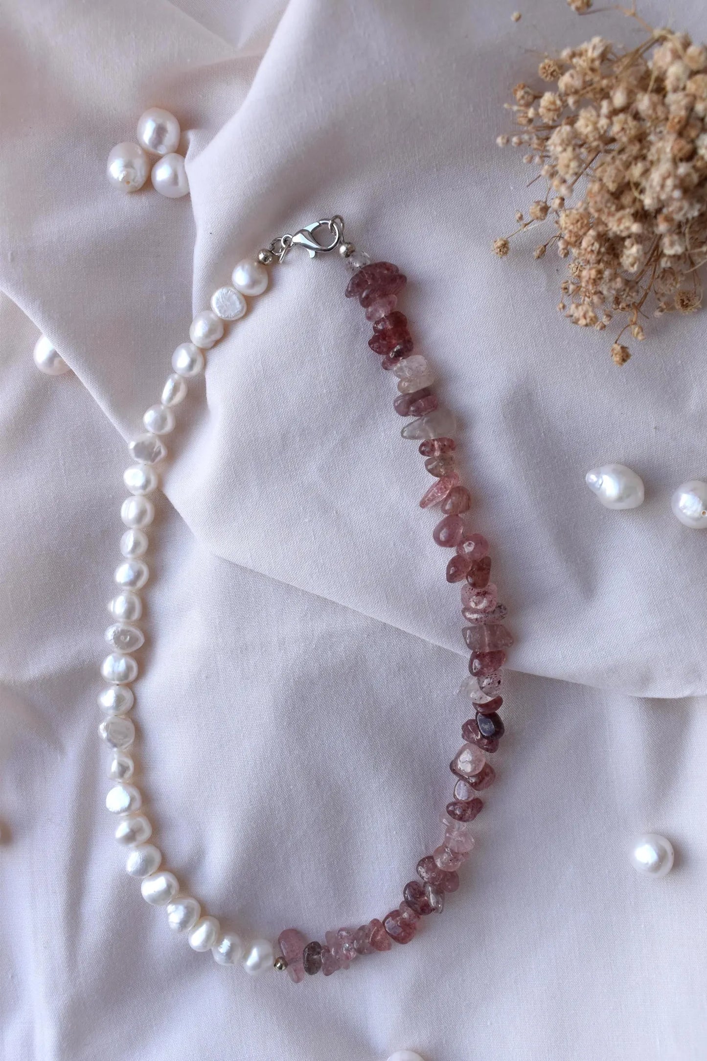 Strawberry Quartz & Freshwater Pearl Sterling Silver Necklace - 15” Handmade Gemstone Jewellery