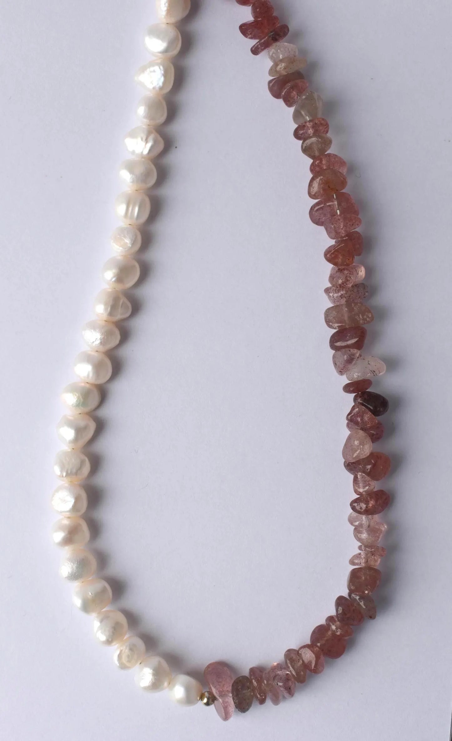 Strawberry Quartz & Freshwater Pearl Sterling Silver Necklace - 15” Handmade Gemstone Jewellery