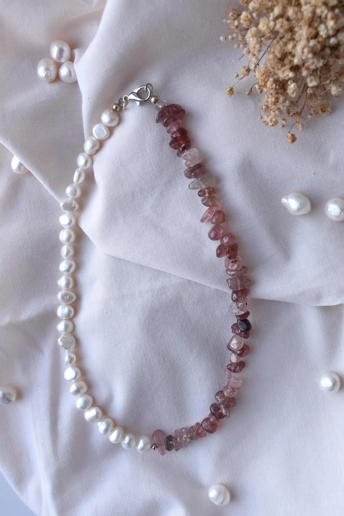 Strawberry Quartz & Freshwater Pearl Sterling Silver Necklace - 15” Handmade Gemstone Jewellery