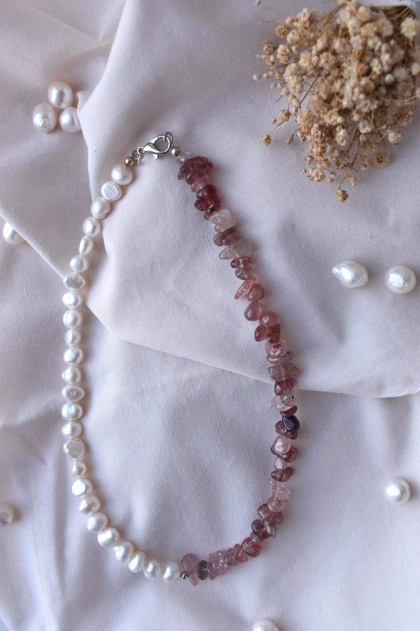 Strawberry Quartz & Freshwater Pearl Sterling Silver Necklace - 15” Handmade Gemstone Jewellery