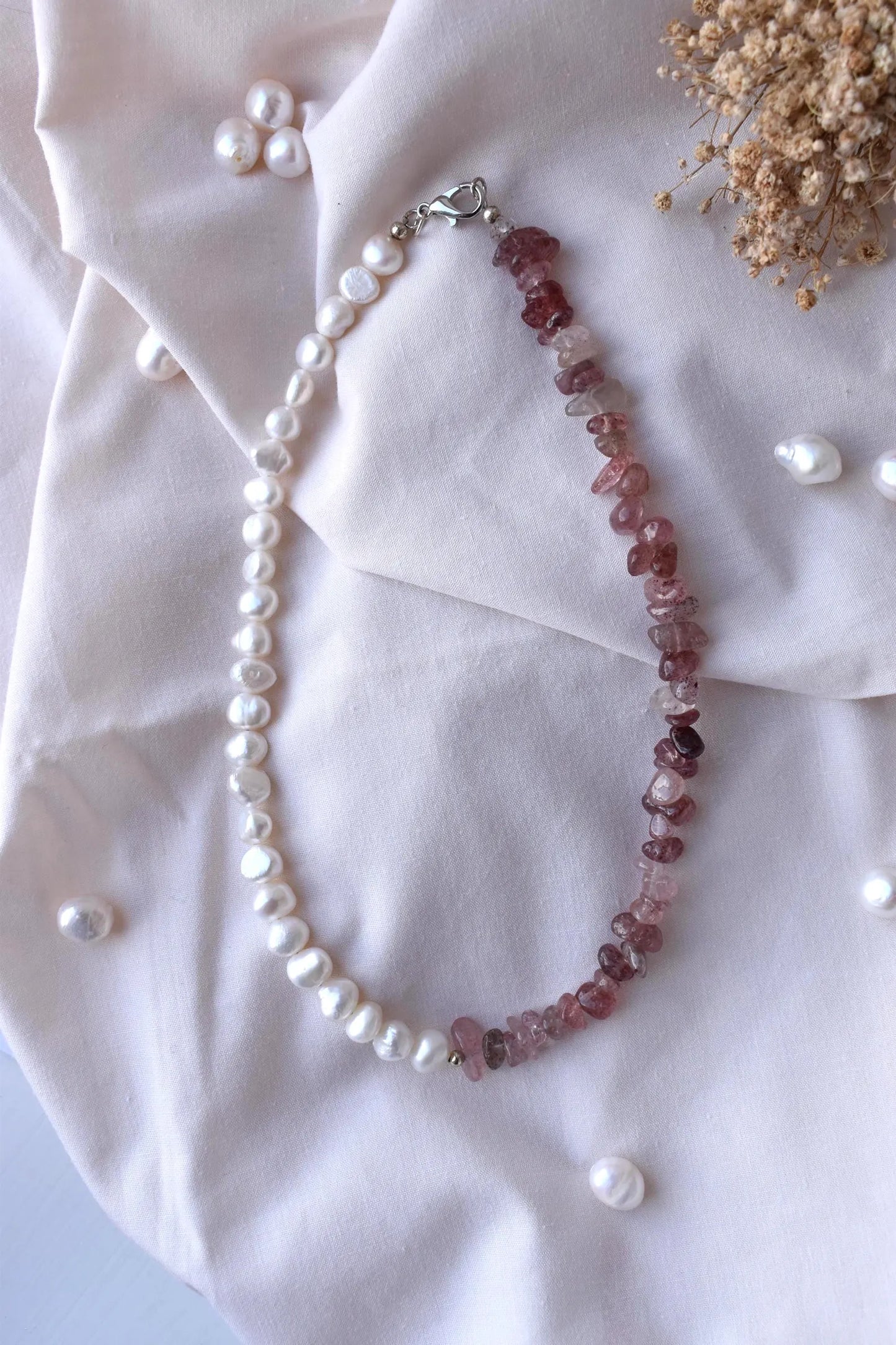 Strawberry Quartz & Freshwater Pearl Sterling Silver Necklace - 15” Handmade Gemstone Jewellery