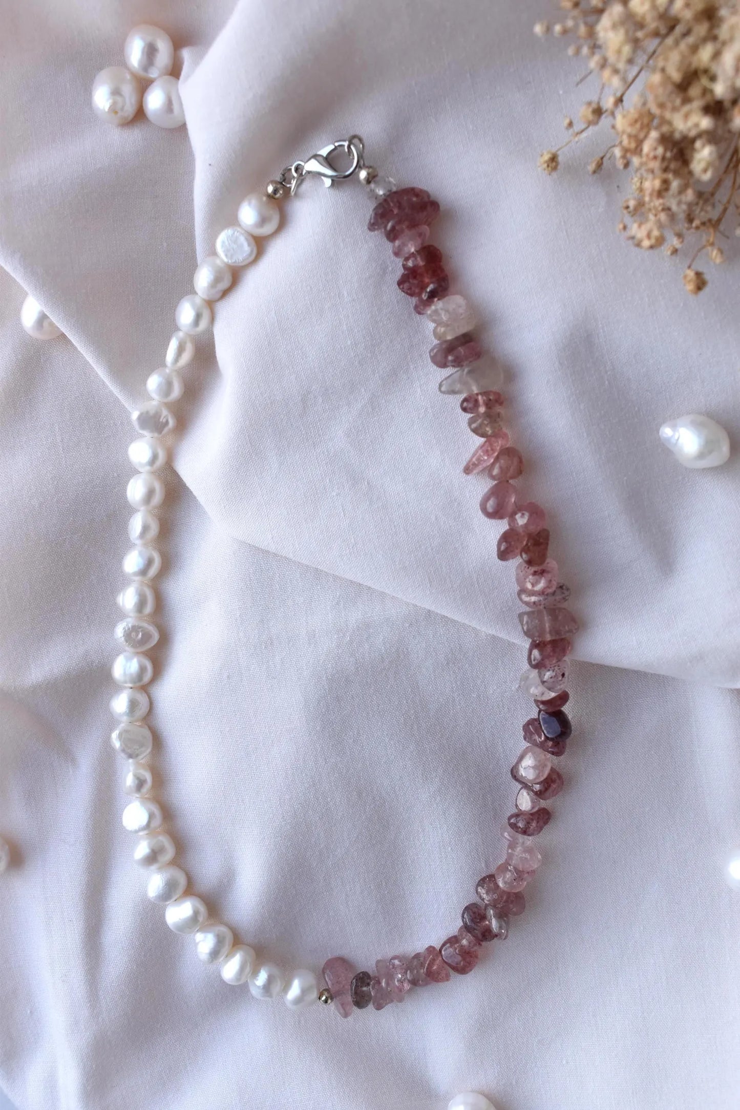 Strawberry Quartz & Freshwater Pearl Sterling Silver Necklace - 15” Handmade Gemstone Jewellery