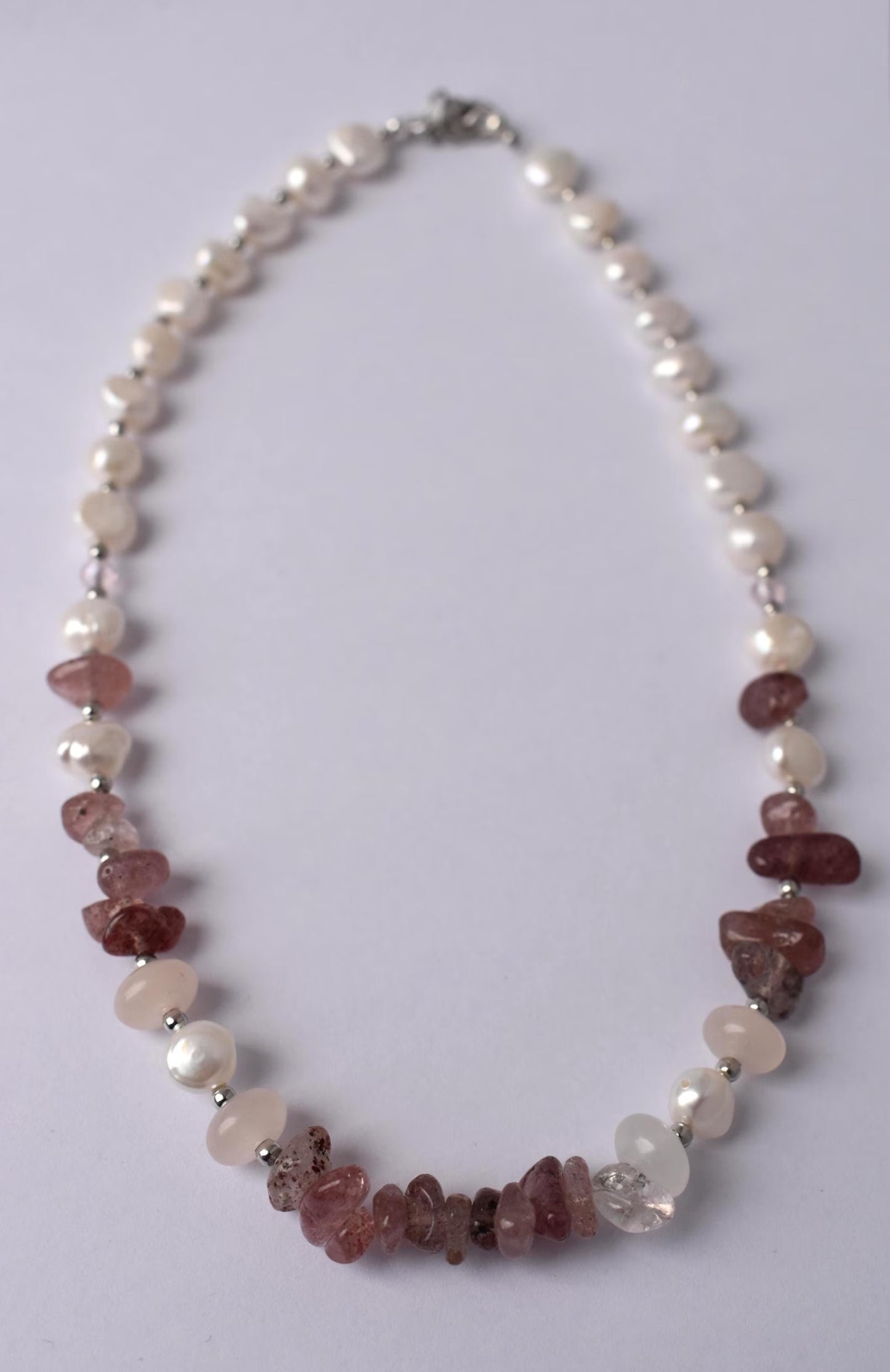 Layered Freshwater Pearl & Strawberry Quartz Sterling Silver Necklace 15"