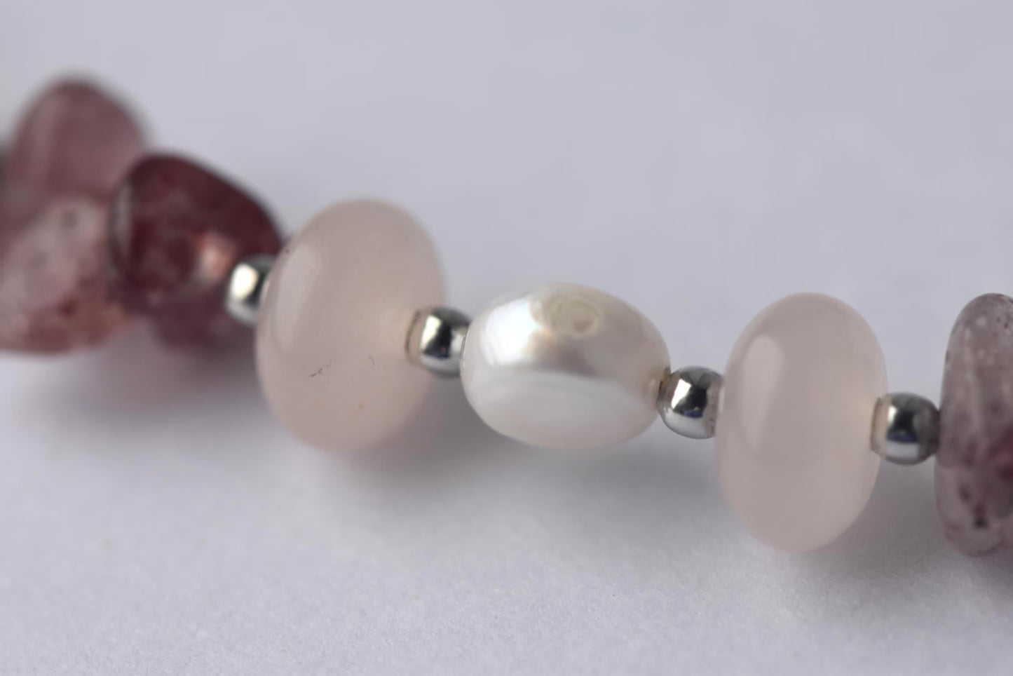 Layered Freshwater Pearl & Strawberry Quartz Sterling Silver Necklace 15"