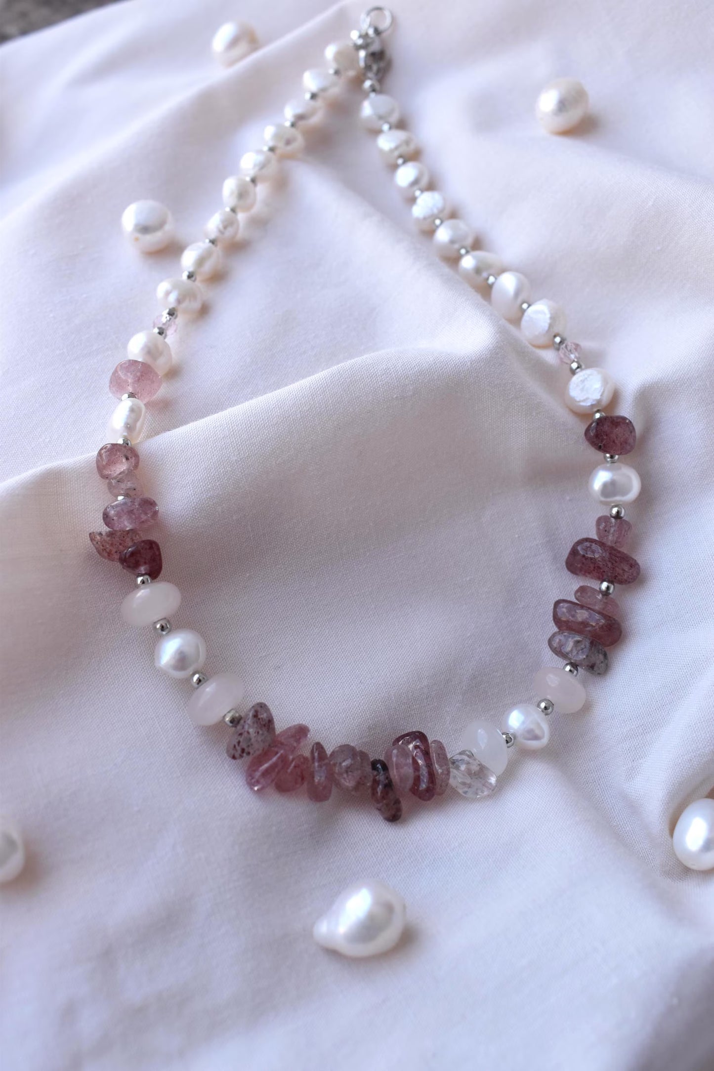 Layered Freshwater Pearl & Strawberry Quartz Sterling Silver Necklace 15"