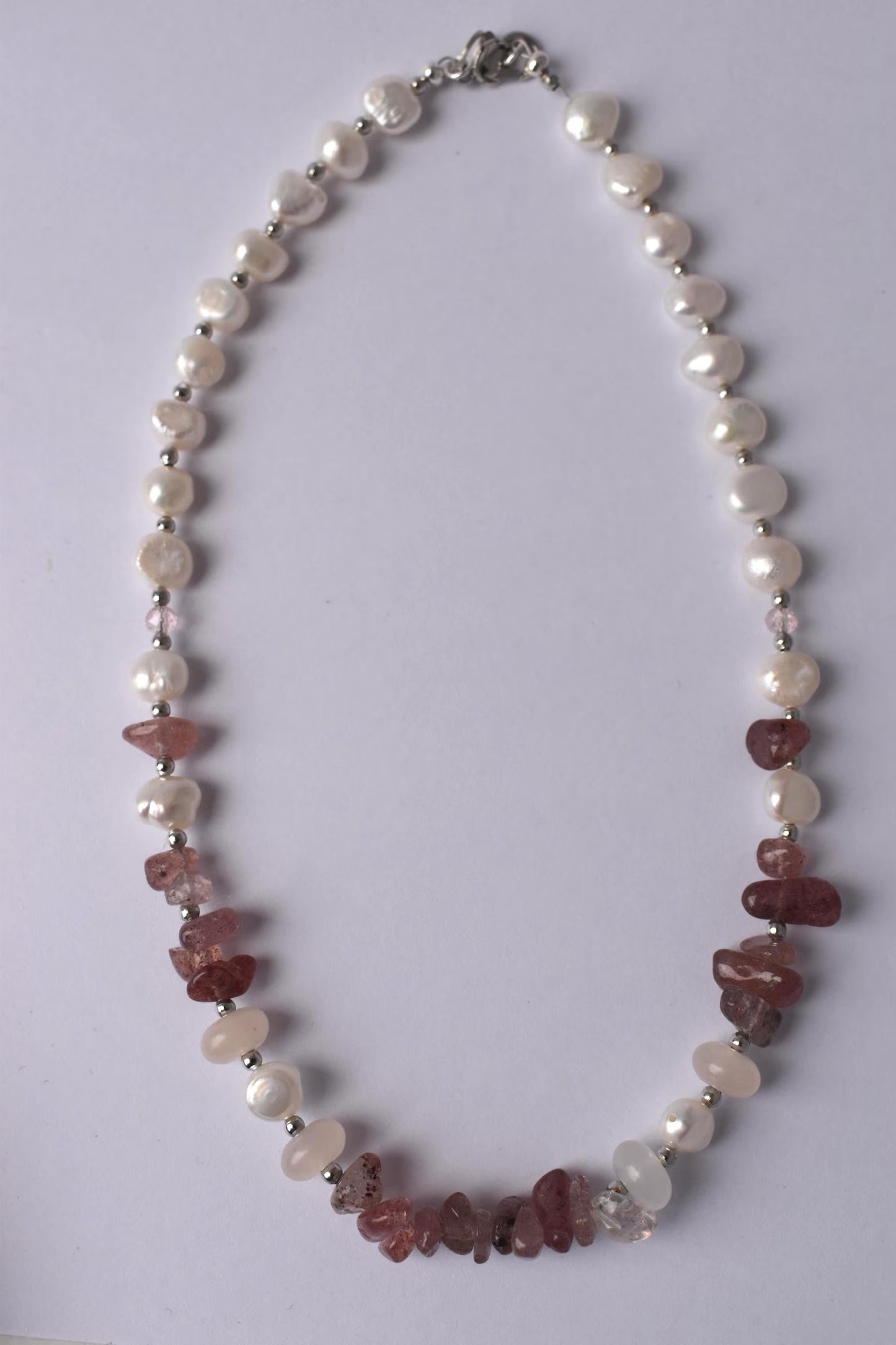 Layered Freshwater Pearl & Strawberry Quartz Sterling Silver Necklace 15"