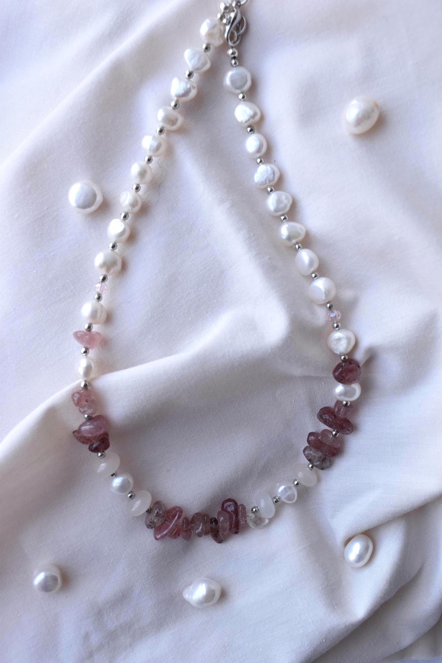 Layered Freshwater Pearl & Strawberry Quartz Sterling Silver Necklace 15"