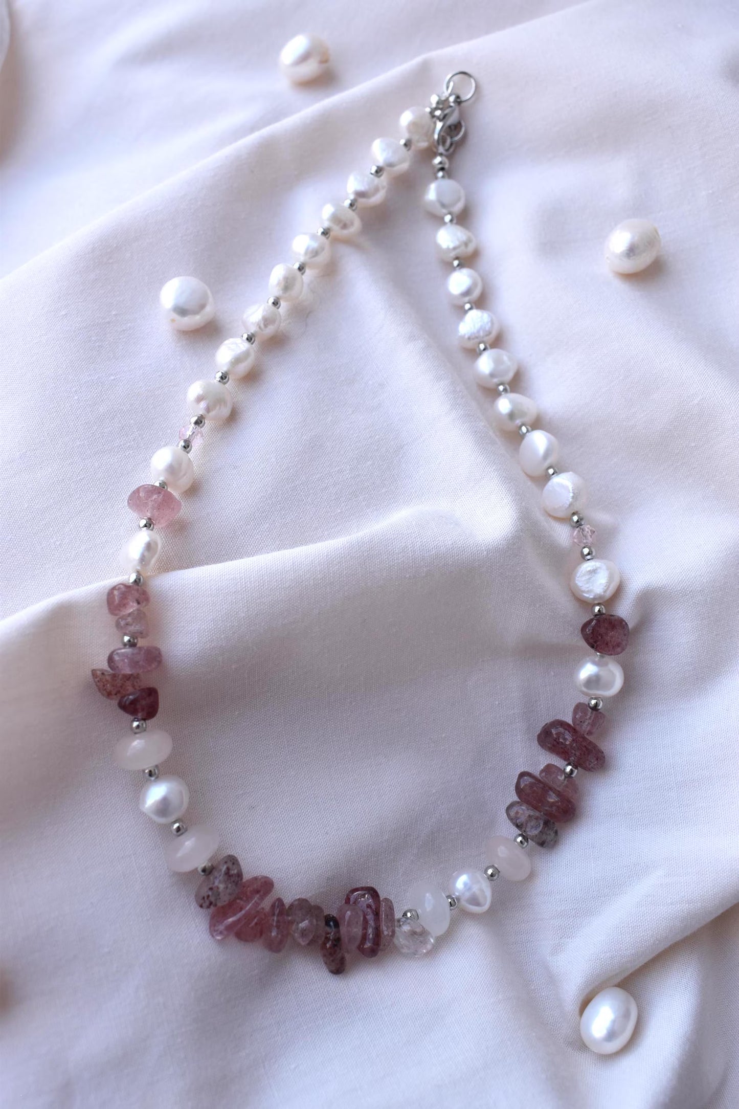 Layered Freshwater Pearl & Strawberry Quartz Sterling Silver Necklace 15"