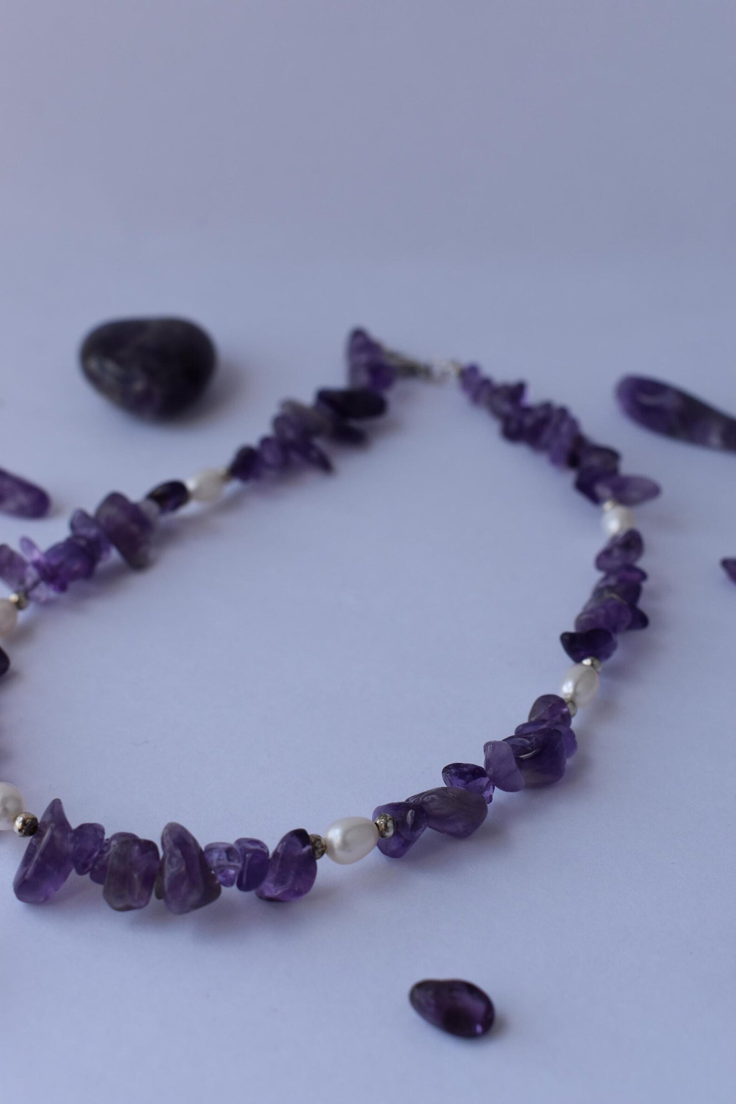 Amethyst Chip & Freshwater Pearl Sterling Silver Necklace - 15” Handmade Gemstone Jewellery