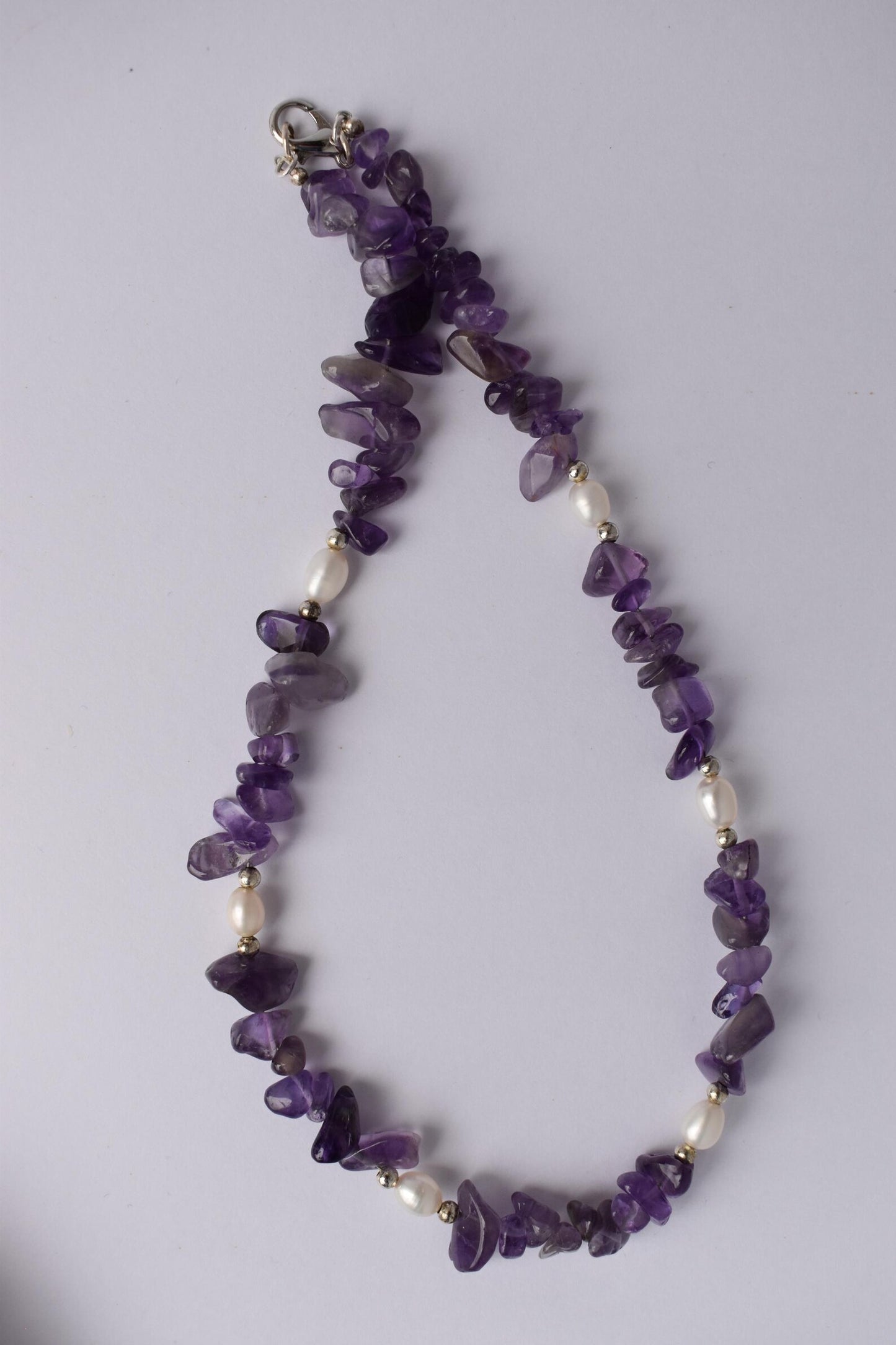 Amethyst Chip & Freshwater Pearl Sterling Silver Necklace - 15” Handmade Gemstone Jewellery