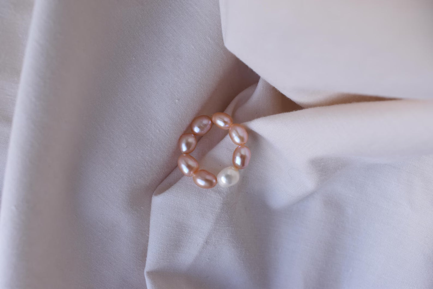 Pale Pink Freshwater Pearl Elastic Ring - Natural Pearls, Minimalist Ring