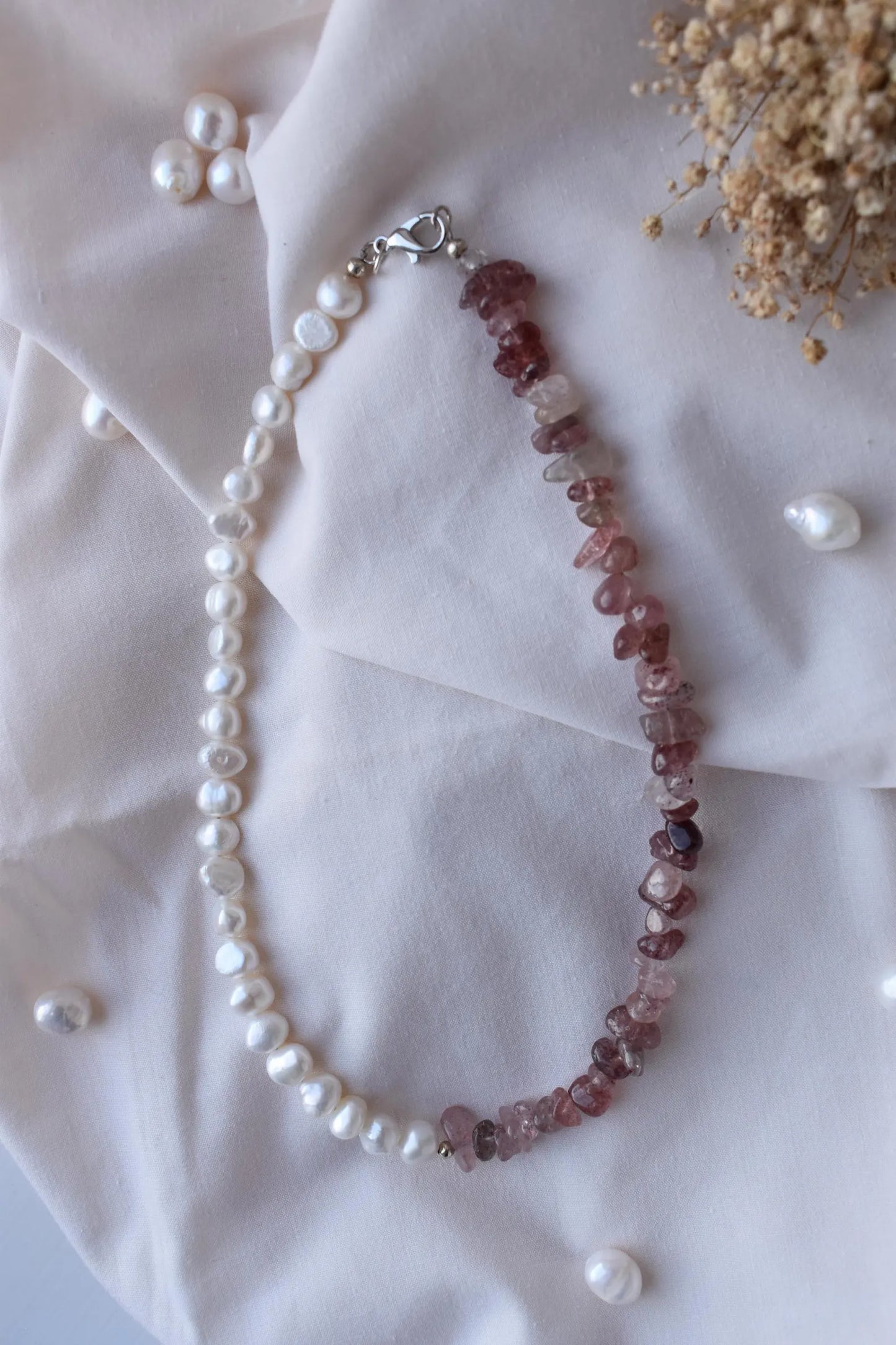 Strawberry Quartz & Freshwater Pearl Sterling Silver Necklace - 15” Handmade Gemstone Jewellery