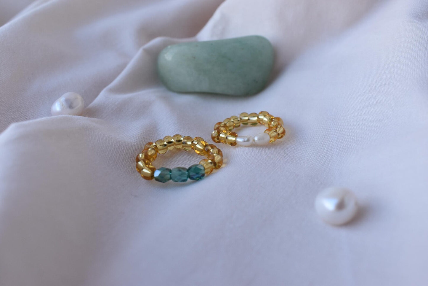 Handmade Two-Ring Bundle - Seed Bead Rings with Pearls & Emerald Glass - Adjustable Fit