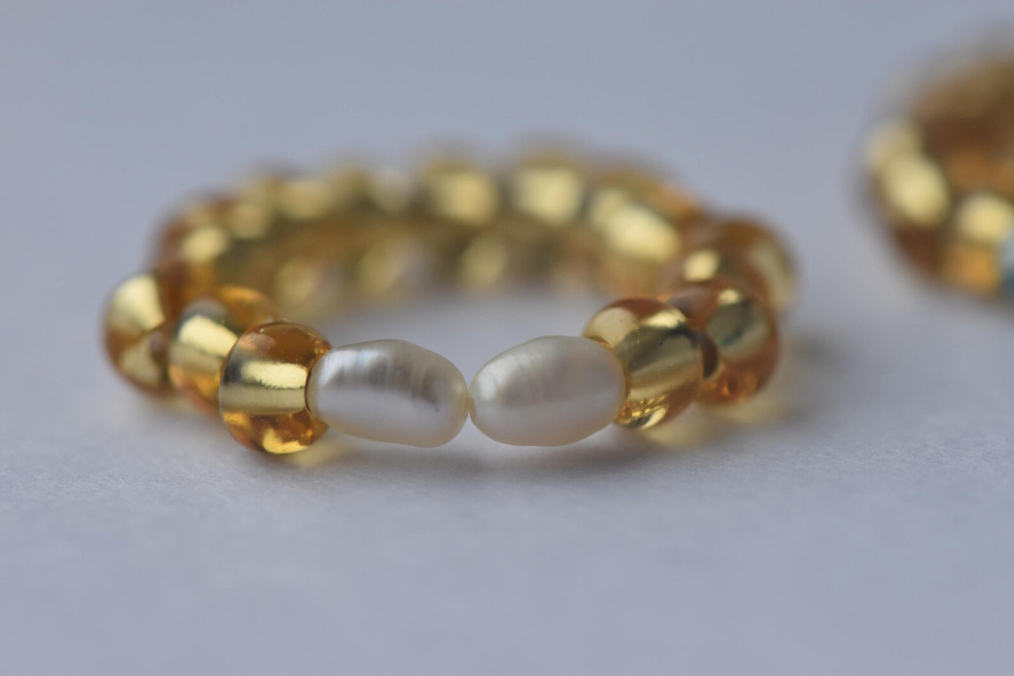 Handmade Two-Ring Bundle - Seed Bead Rings with Pearls & Emerald Glass - Adjustable Fit