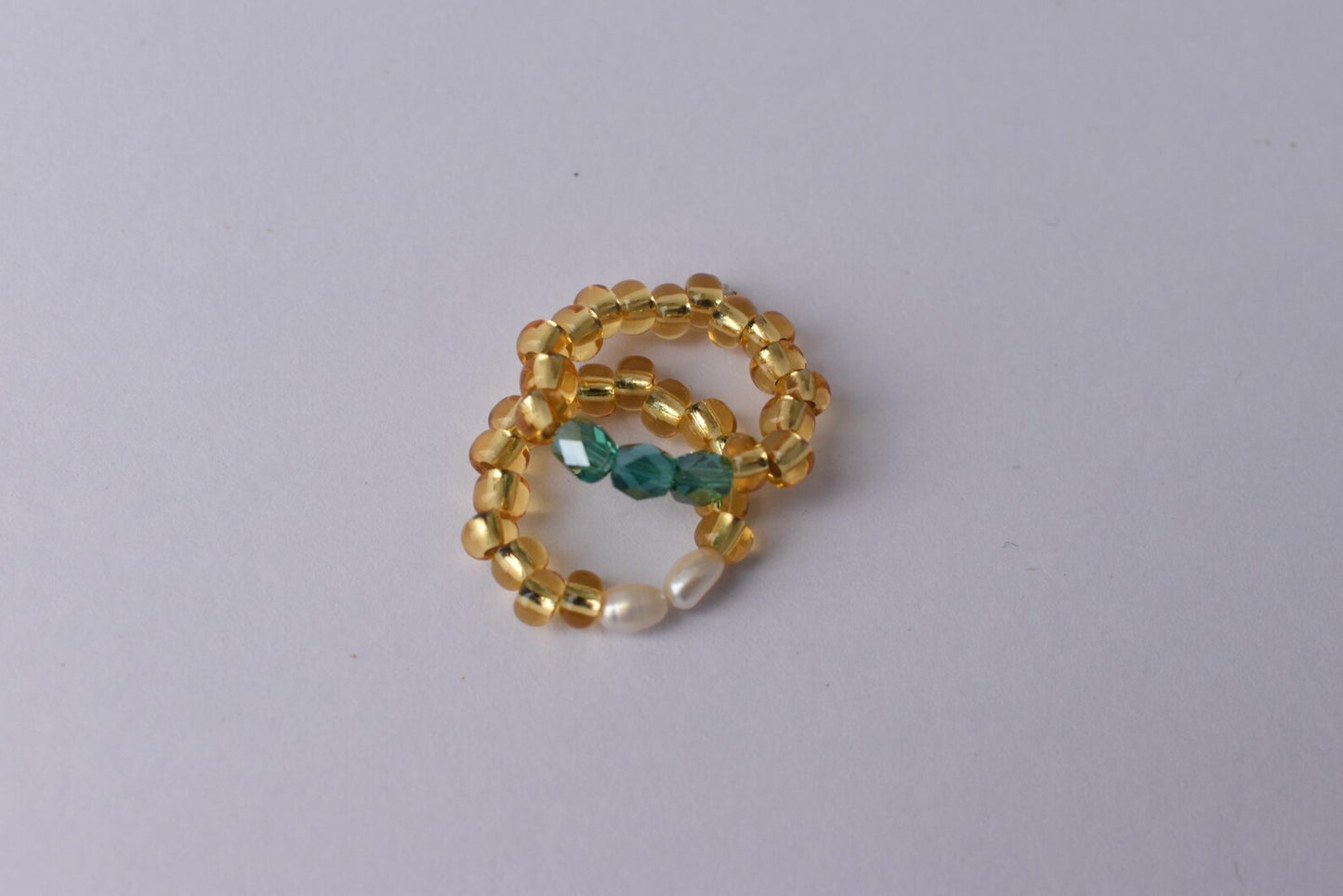 Handmade Two-Ring Bundle - Seed Bead Rings with Pearls & Emerald Glass - Adjustable Fit