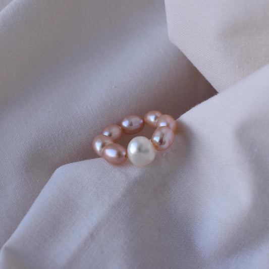 Pale Pink Freshwater Pearl Elastic Ring - Natural Pearls, Minimalist Ring