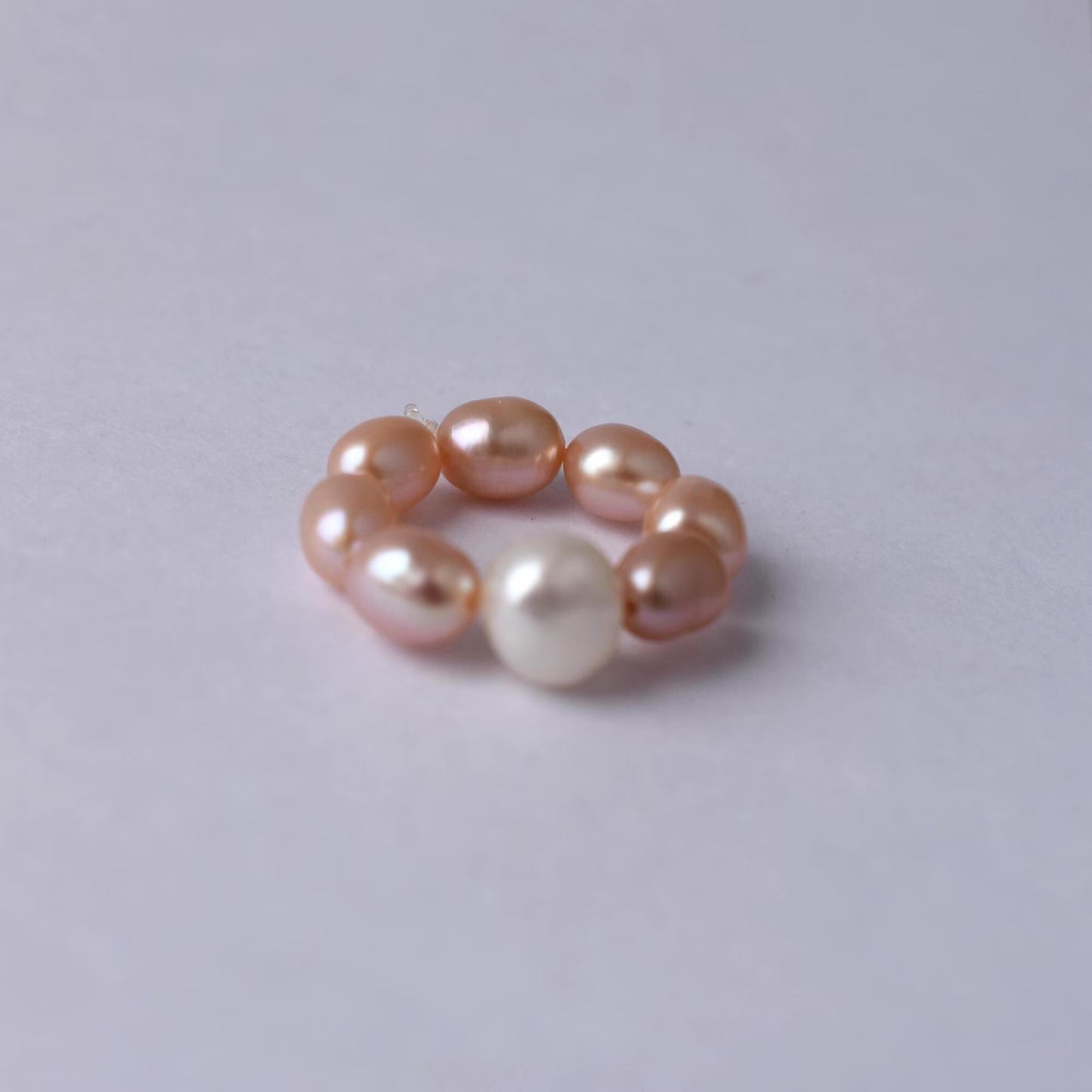 Pale Pink Freshwater Pearl Elastic Ring - Natural Pearls, Minimalist Ring