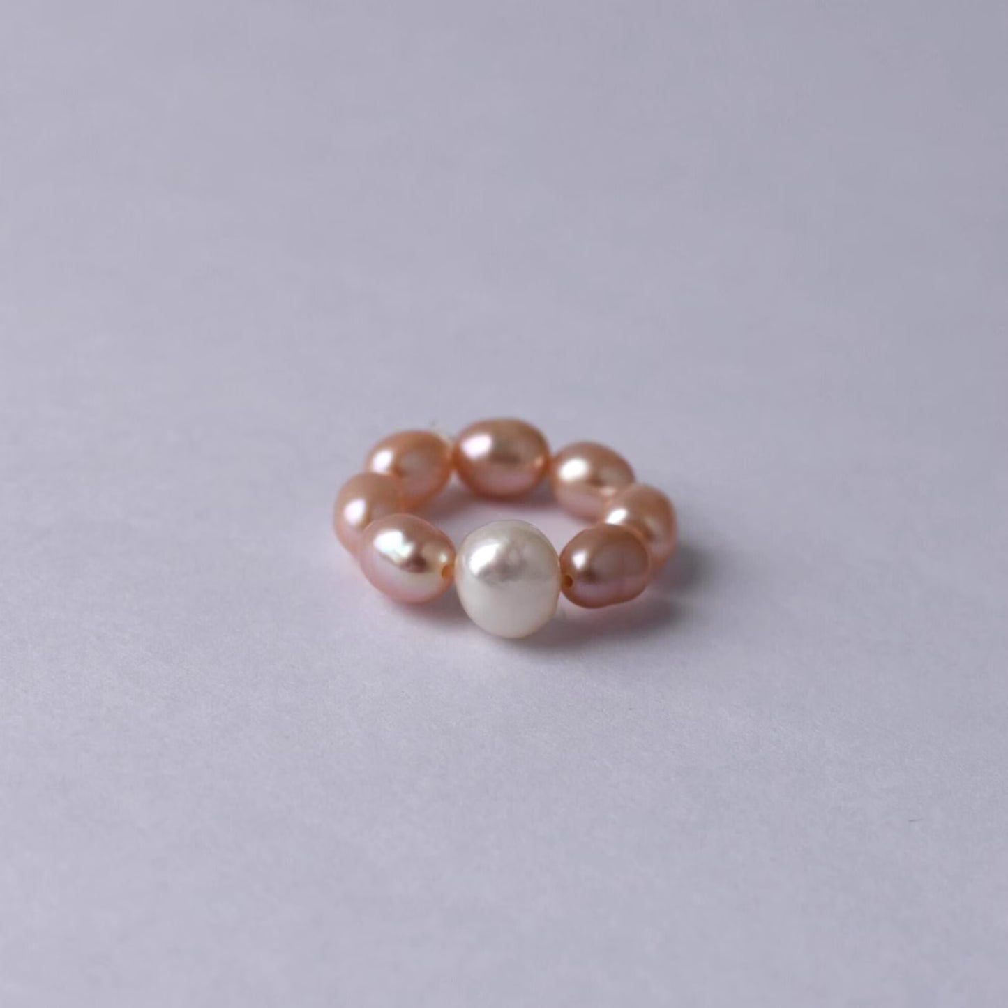 Pale Pink Freshwater Pearl Elastic Ring - Natural Pearls, Minimalist Ring