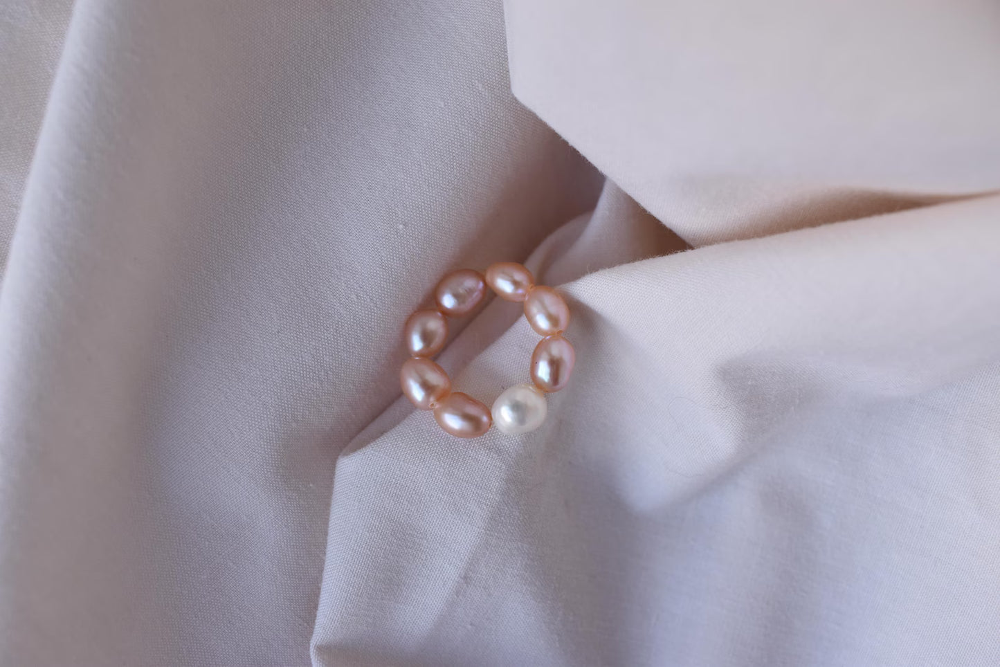 Pale Pink Freshwater Pearl Elastic Ring - Natural Pearls, Minimalist Ring