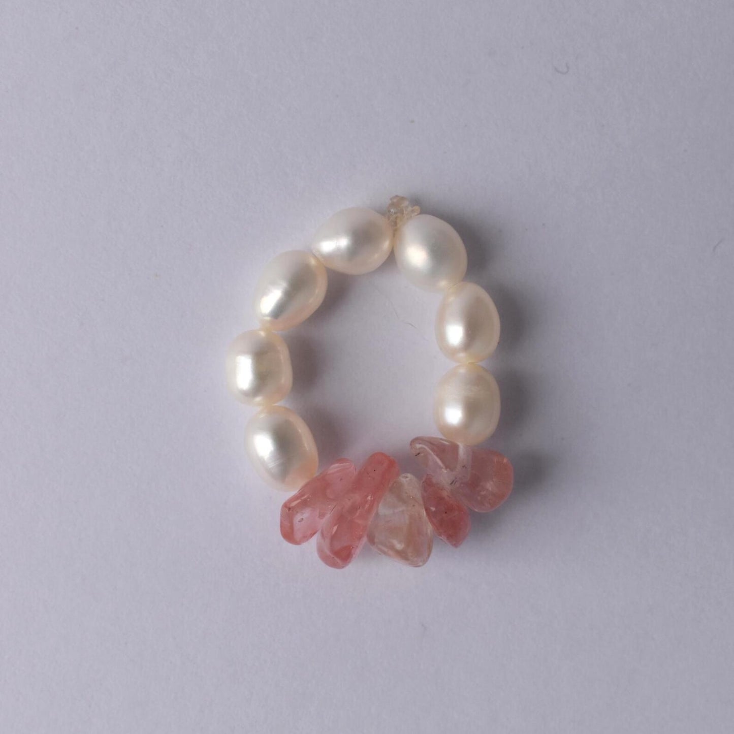 Delicate Freshwater Pearl & Cherry Quartz Stretch Ring - Handmade, Adjustable, Natural Gemstone Jewellery