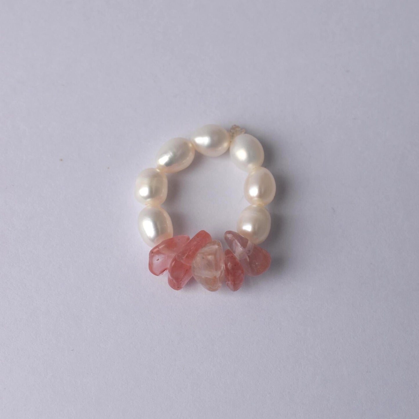 Delicate Freshwater Pearl & Cherry Quartz Stretch Ring - Handmade, Adjustable, Natural Gemstone Jewellery