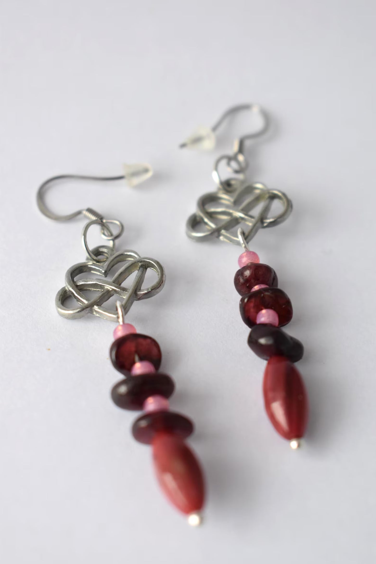 Garnet & Celtic Heart Drop Sterling Silver Earrings with Antique Silver Tone Charm