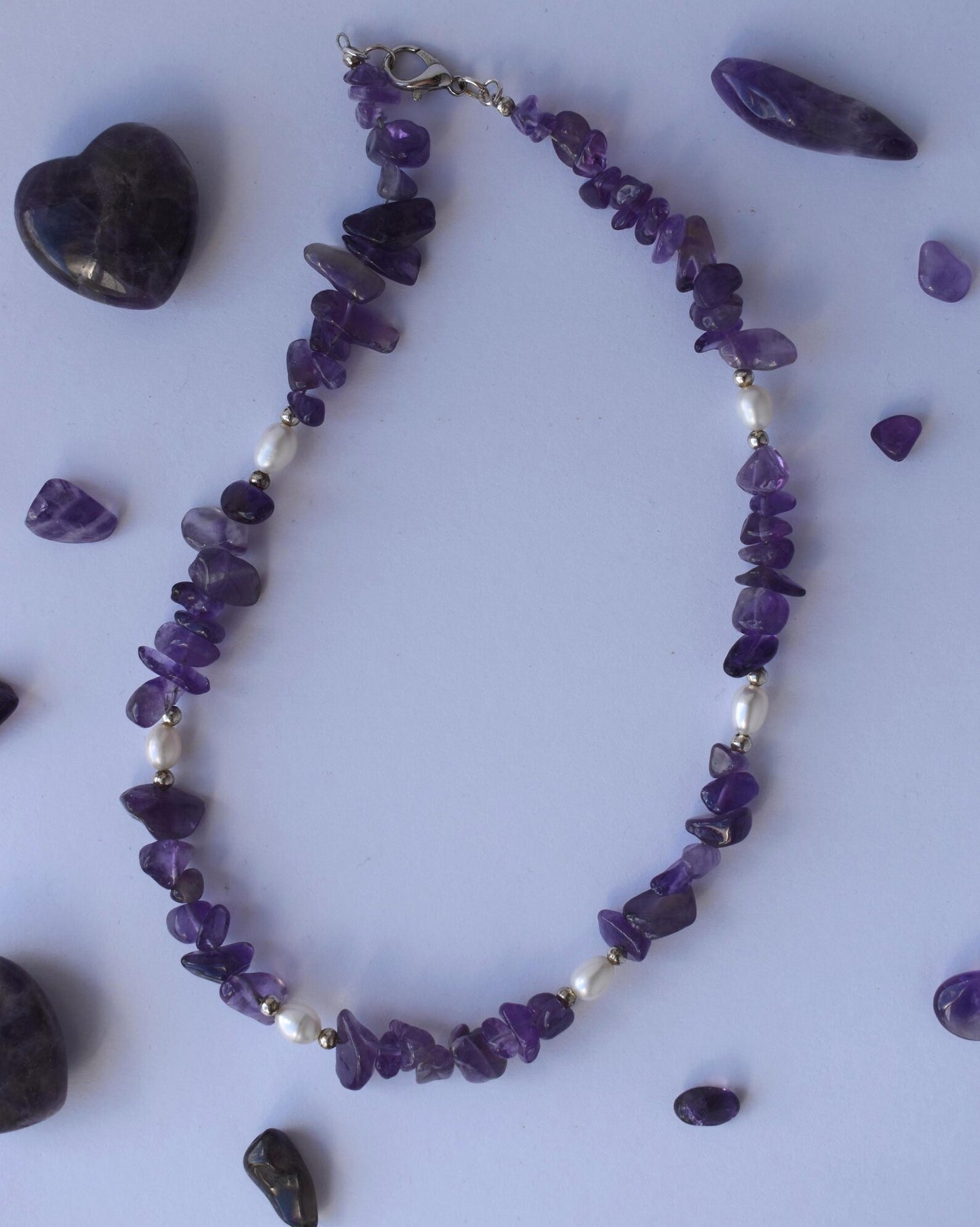 Amethyst Chip & Freshwater Pearl Sterling Silver Necklace - 15” Handmade Gemstone Jewellery