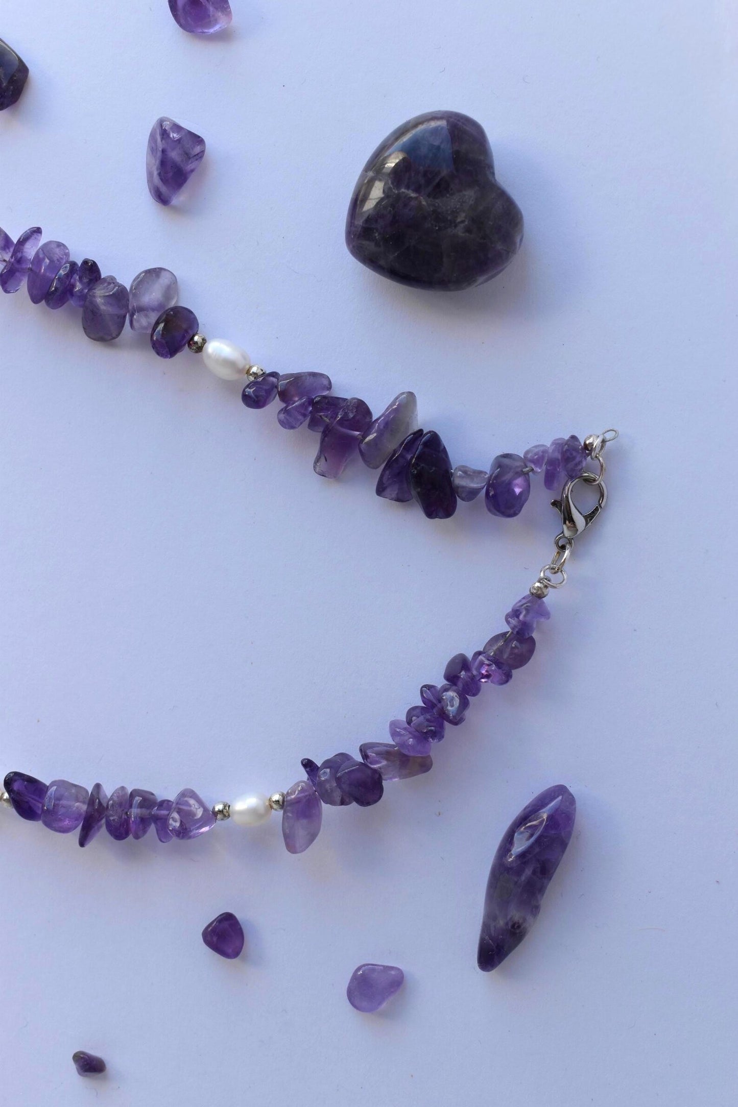 Amethyst Chip & Freshwater Pearl Sterling Silver Necklace - 15” Handmade Gemstone Jewellery