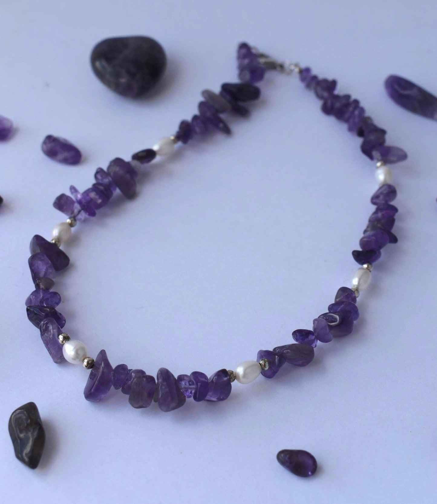 Amethyst Chip & Freshwater Pearl Sterling Silver Necklace - 15” Handmade Gemstone Jewellery