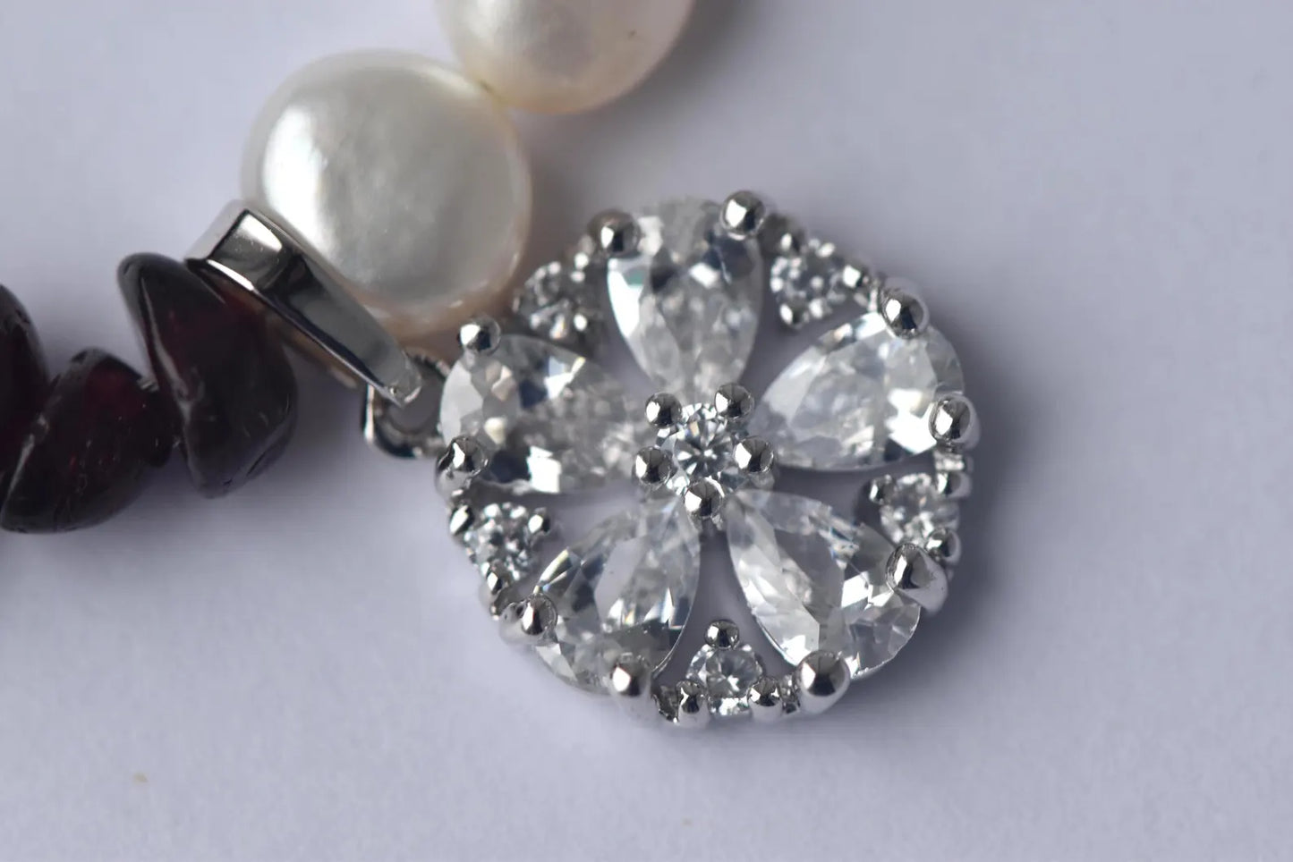 Garnet & Pearl Asymmetrical Sterling Silver Necklace with Cubic Zirconia Pendant