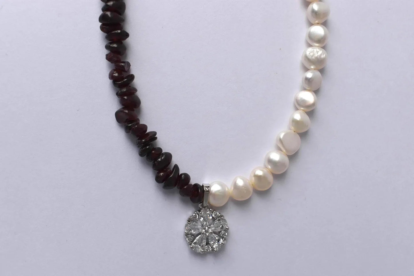 Garnet & Pearl Asymmetrical Sterling Silver Necklace with Cubic Zirconia Pendant