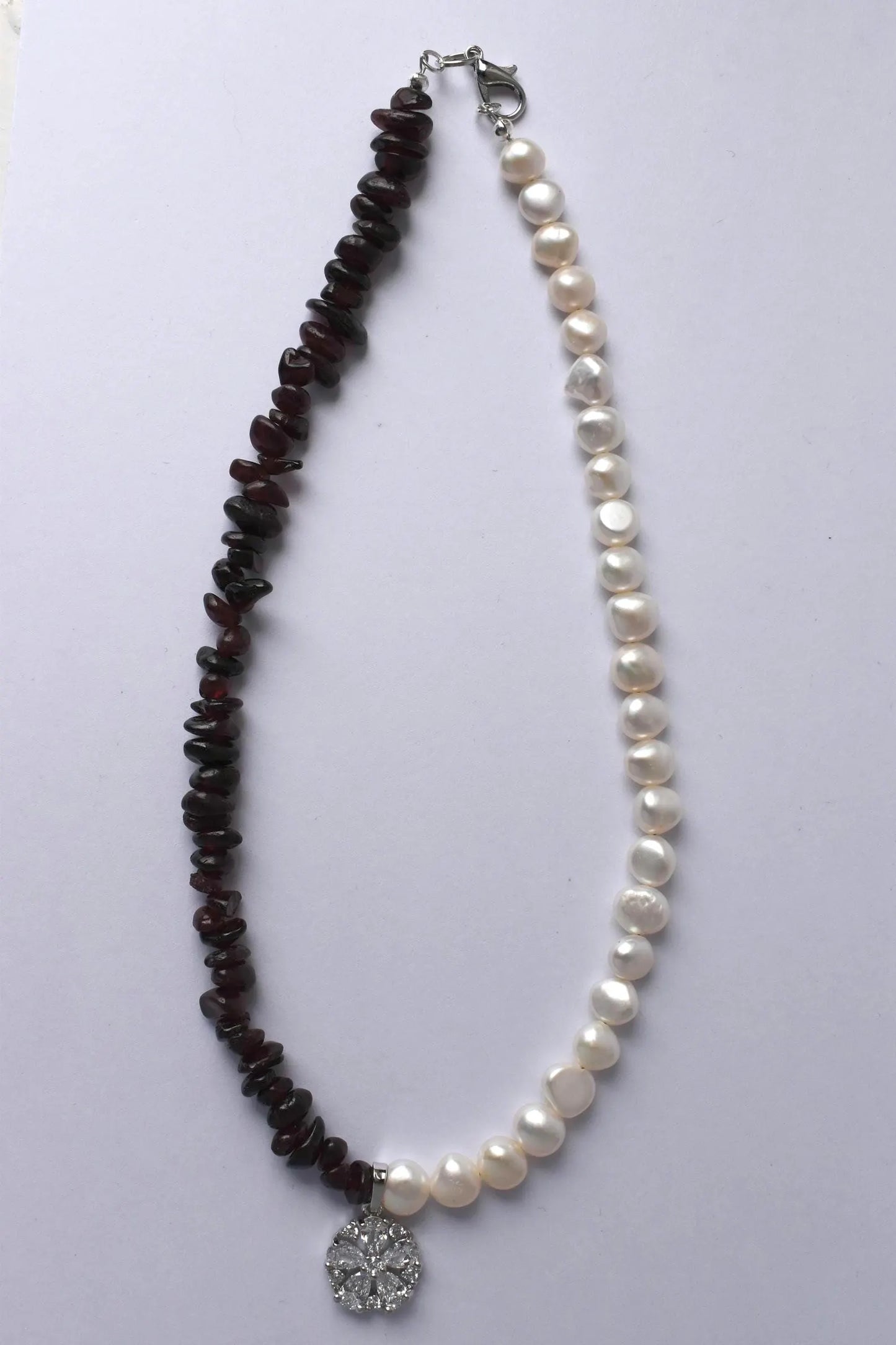 Garnet & Pearl Asymmetrical Sterling Silver Necklace with Cubic Zirconia Pendant