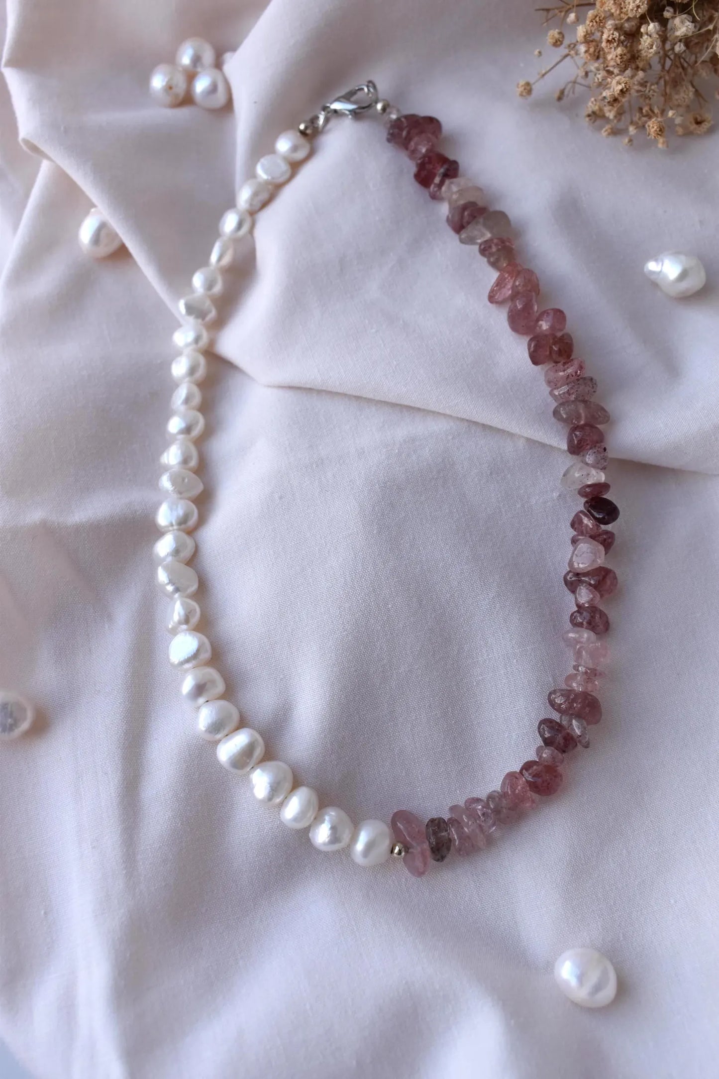 Strawberry Quartz & Freshwater Pearl Sterling Silver Necklace - 15” Handmade Gemstone Jewellery