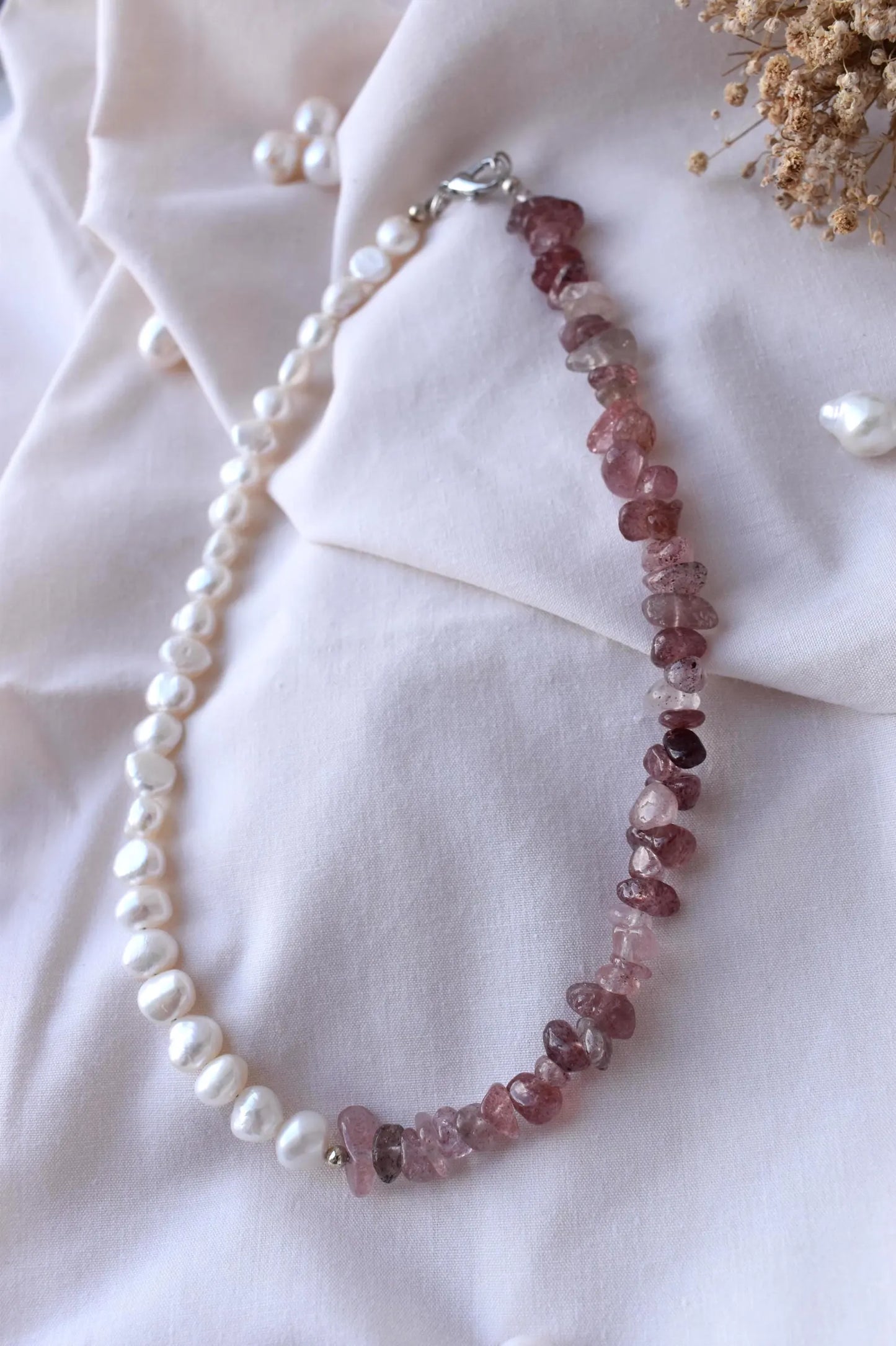 Strawberry Quartz & Freshwater Pearl Sterling Silver Necklace - 15” Handmade Gemstone Jewellery