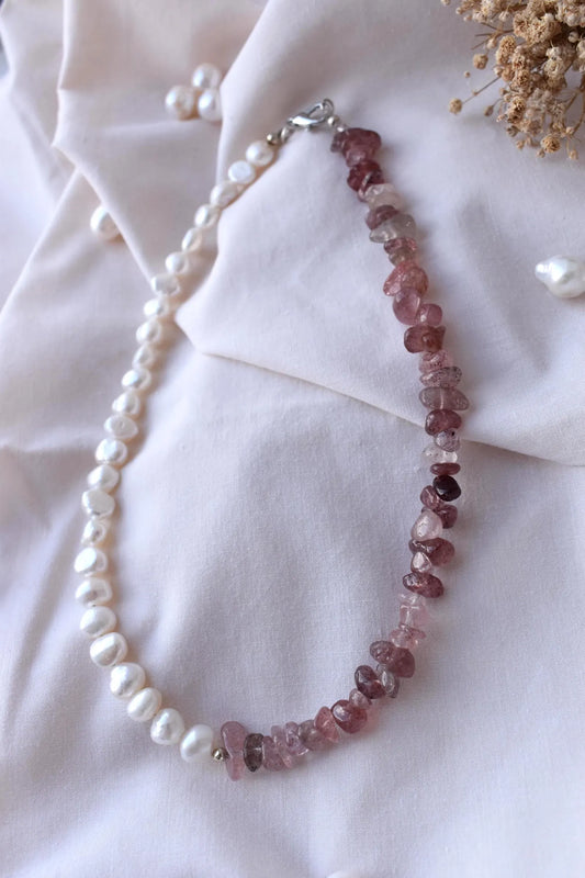 Strawberry Quartz & Freshwater Pearl Sterling Silver Necklace - 15” Handmade Gemstone Jewellery