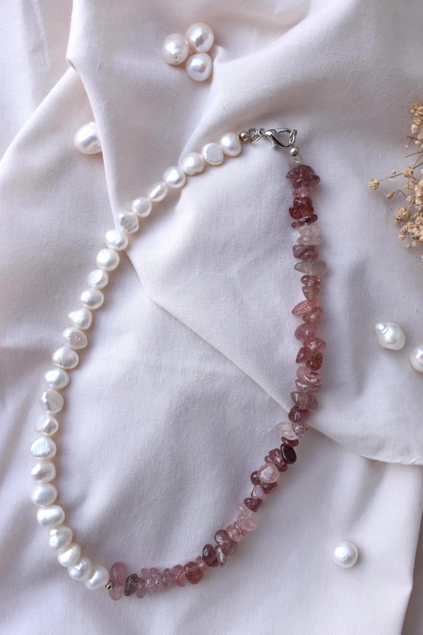 Strawberry Quartz & Freshwater Pearl Sterling Silver Necklace - 15” Handmade Gemstone Jewellery