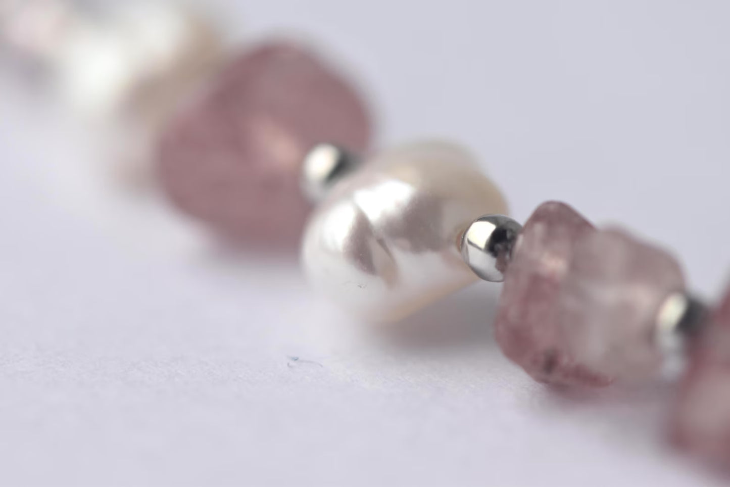 Layered Freshwater Pearl & Strawberry Quartz Sterling Silver Necklace 15"