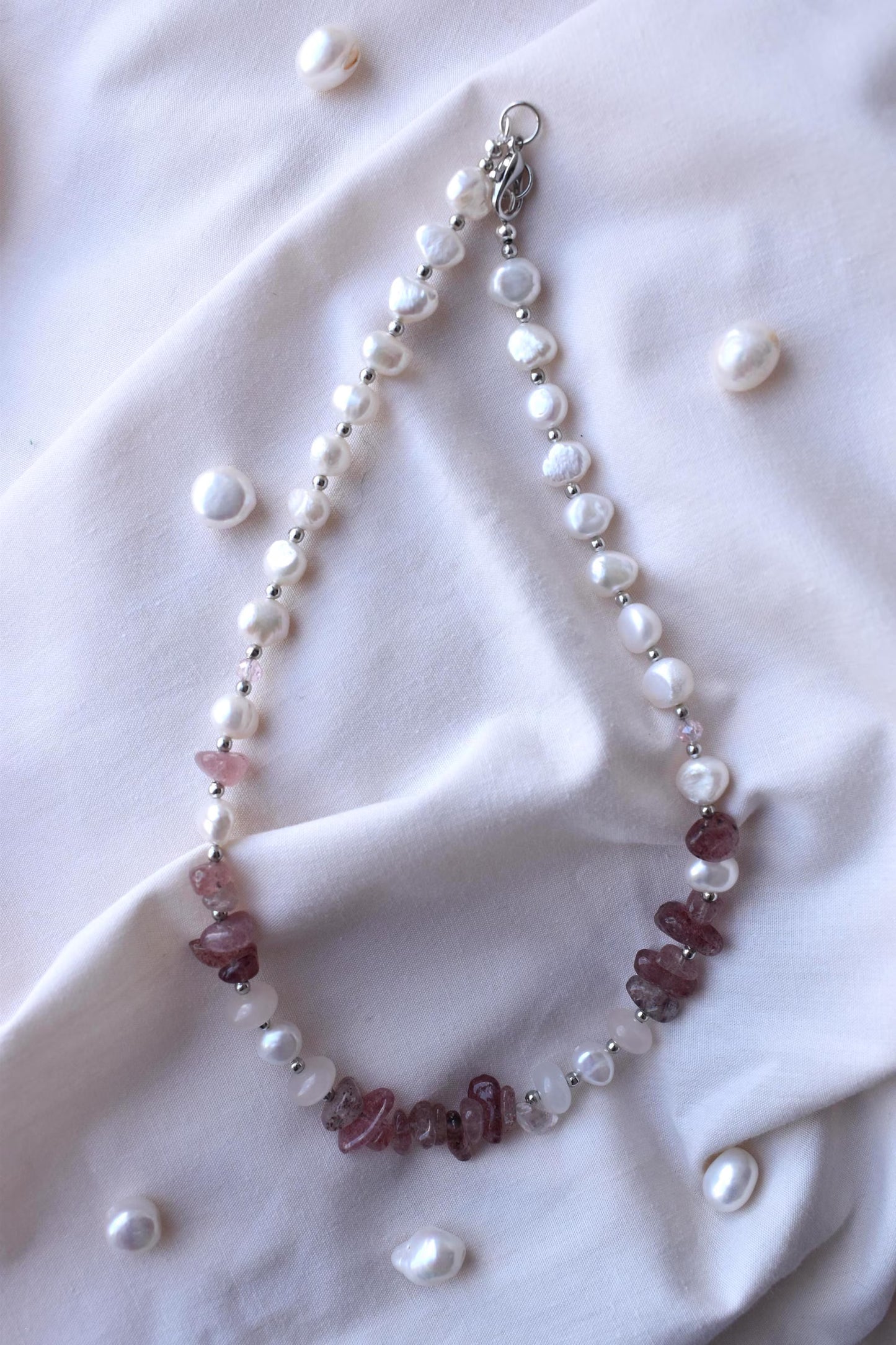 Layered Freshwater Pearl & Strawberry Quartz Sterling Silver Necklace 15"