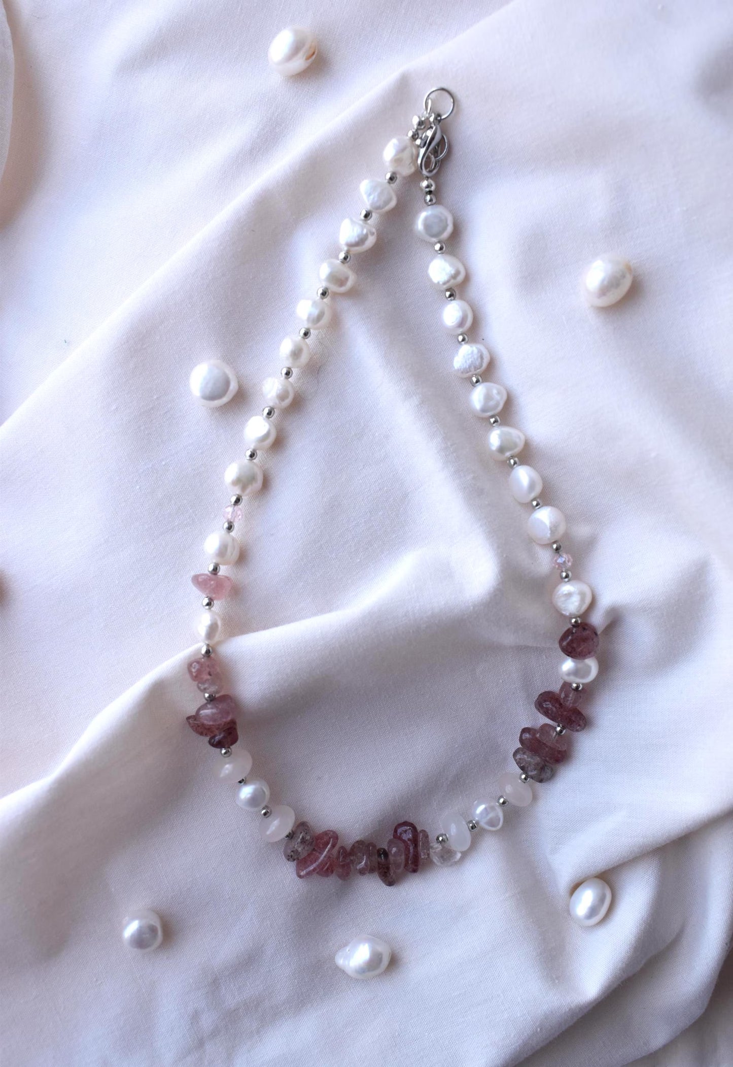 Layered Freshwater Pearl & Strawberry Quartz Sterling Silver Necklace 15"