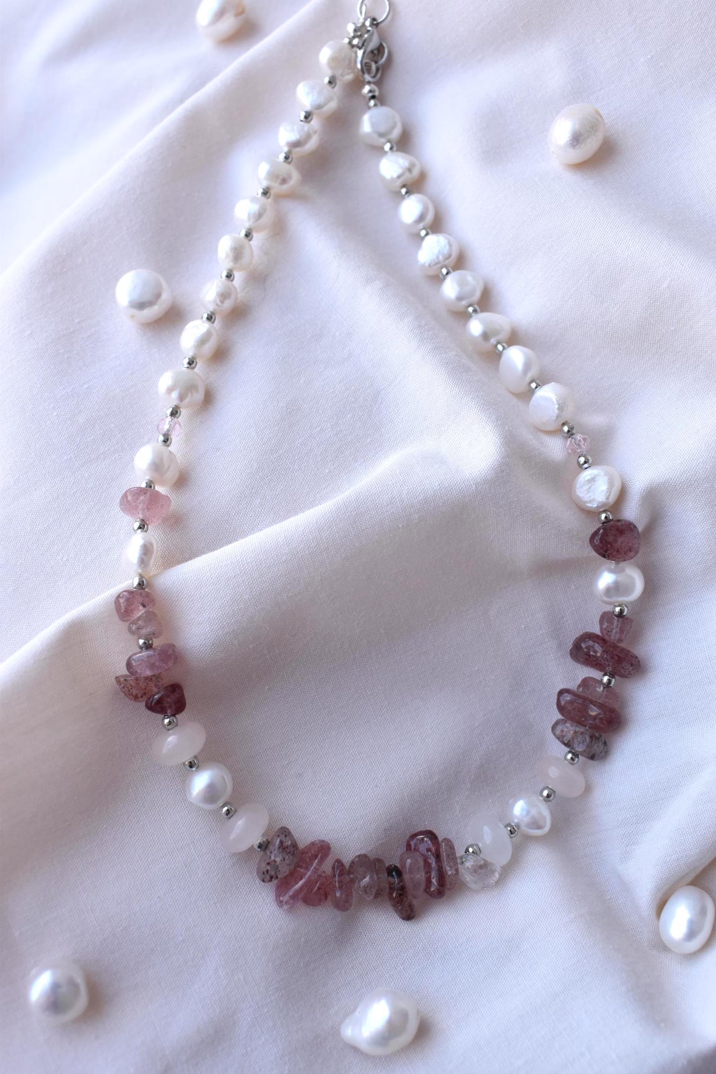 Layered Freshwater Pearl & Strawberry Quartz Sterling Silver Necklace 15"
