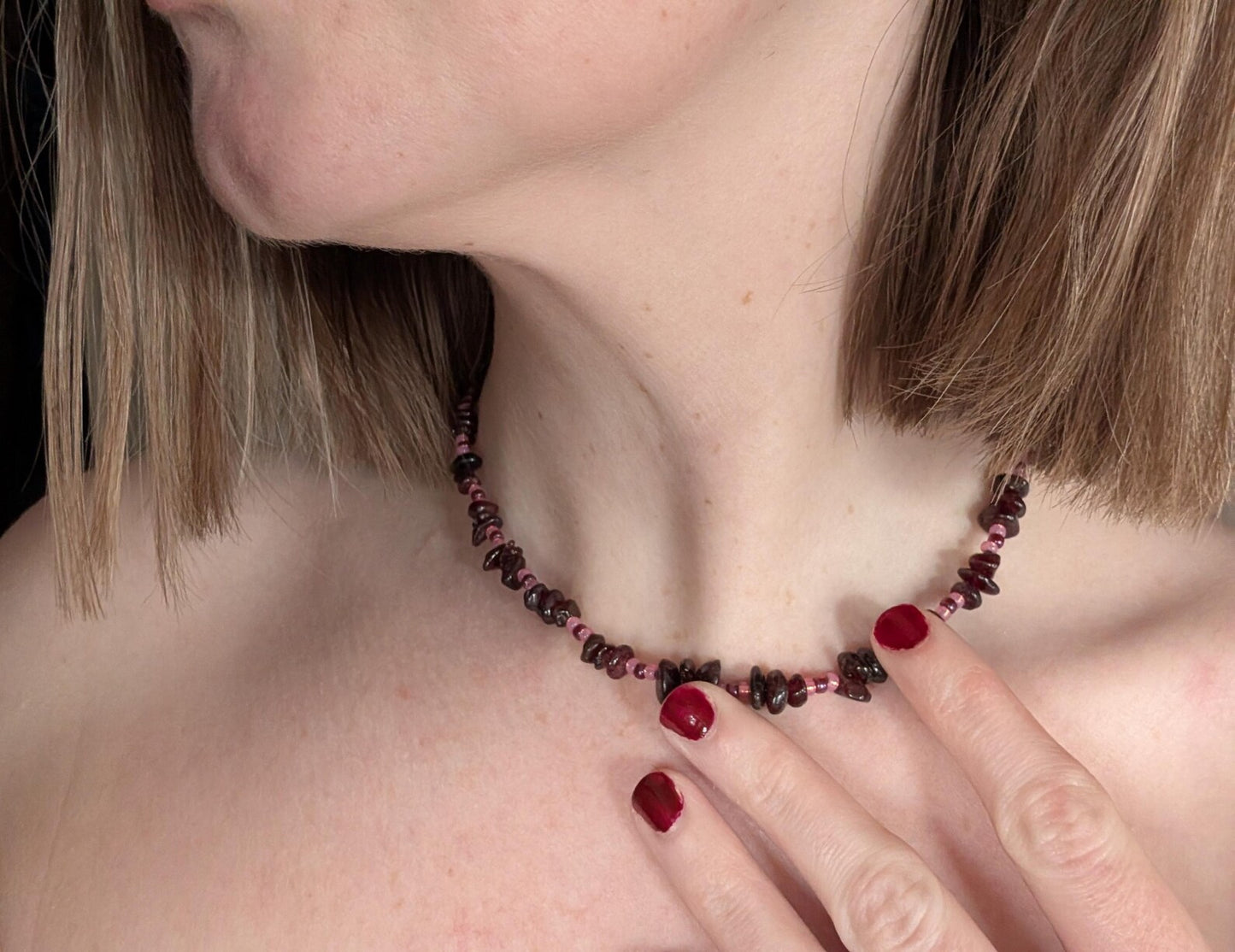 Garnet Chip & Seed Bead Sterling Silver Necklace (15")