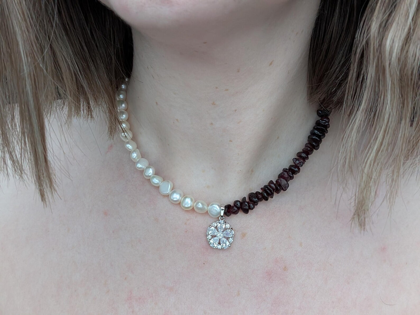 Garnet & Pearl Asymmetrical Sterling Silver Necklace with Cubic Zirconia Pendant