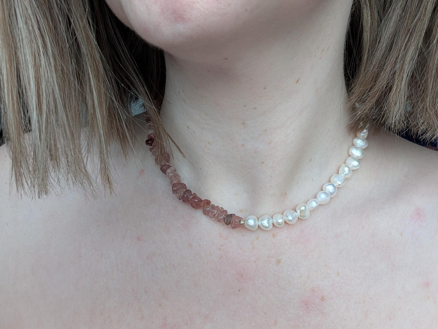 Strawberry Quartz & Freshwater Pearl Sterling Silver Necklace - 15” Handmade Gemstone Jewellery