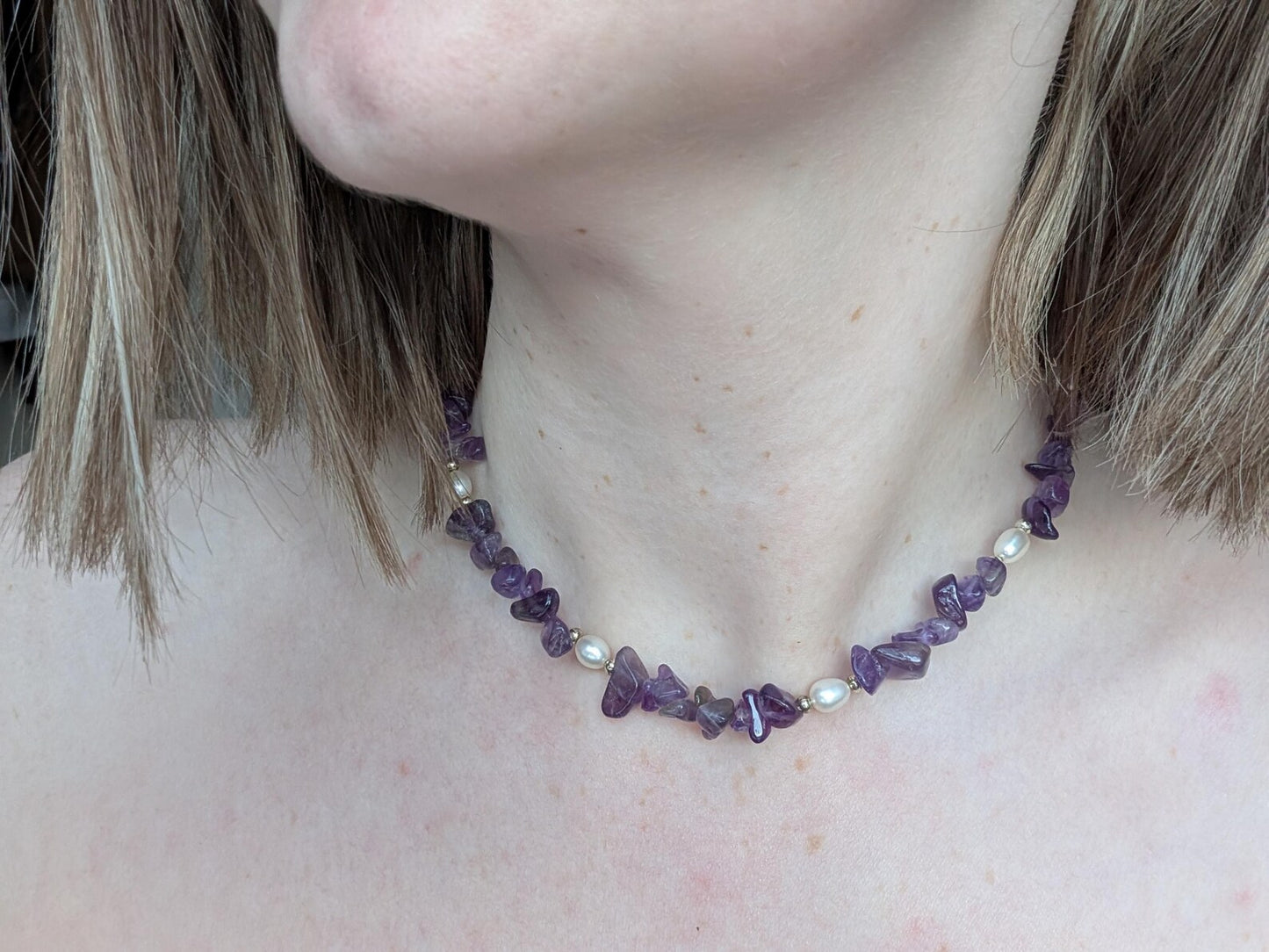 Amethyst Chip & Freshwater Pearl Sterling Silver Necklace - 15” Handmade Gemstone Jewellery
