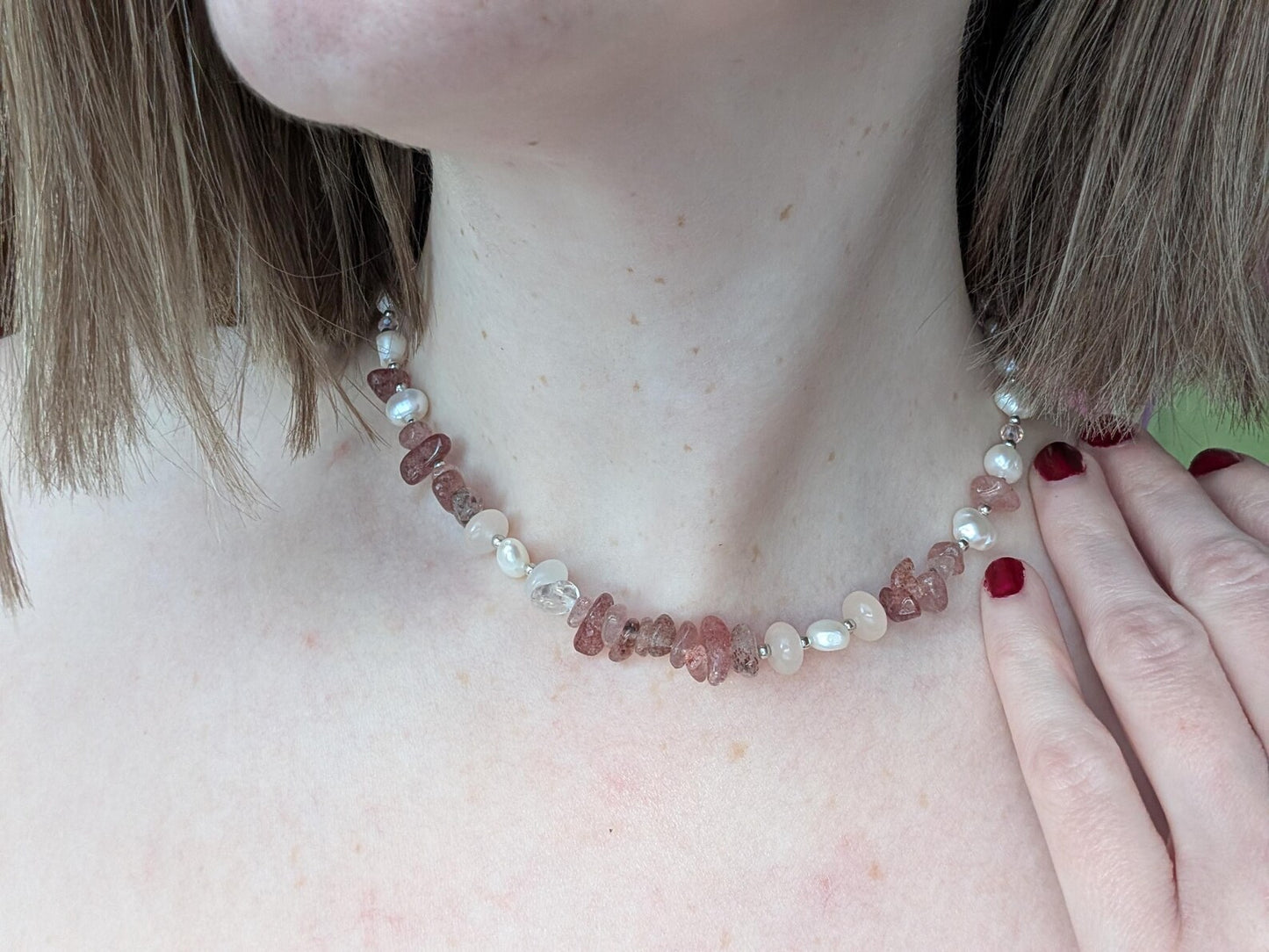 Layered Freshwater Pearl & Strawberry Quartz Sterling Silver Necklace 15"