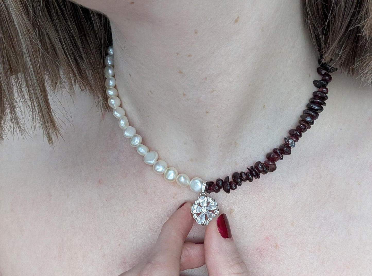 Garnet & Pearl Asymmetrical Sterling Silver Necklace with Cubic Zirconia Pendant